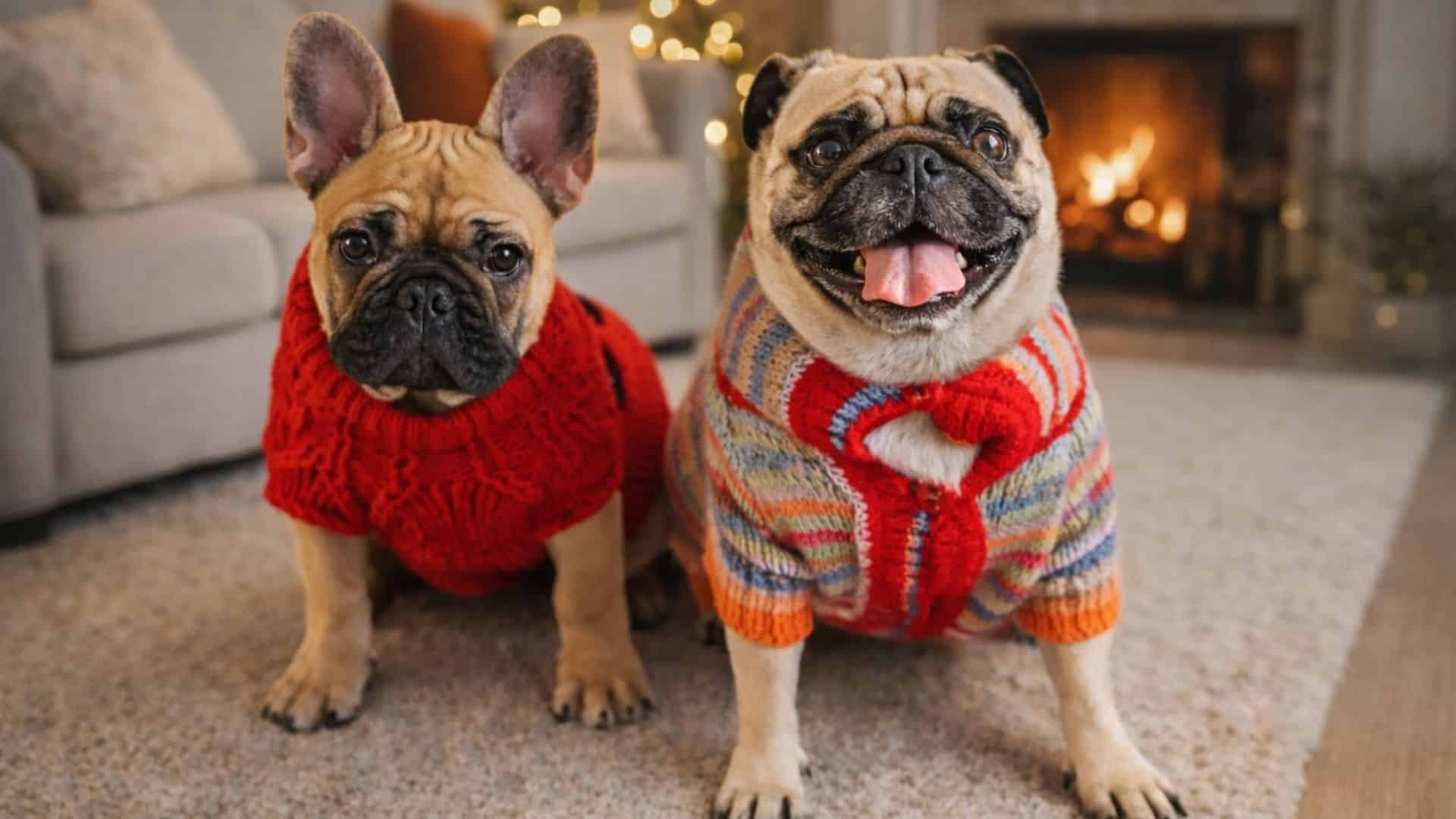 Pug and French Bulldog in festive sweaters.