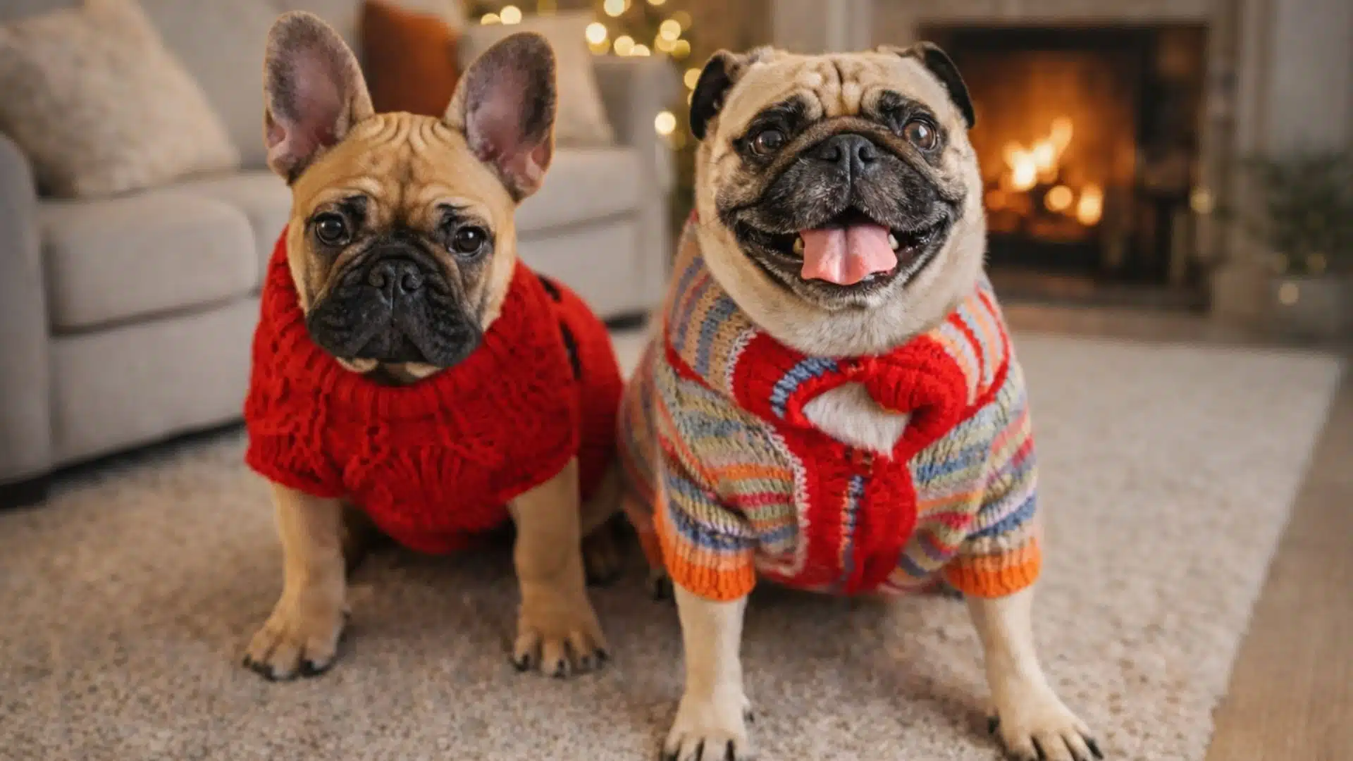Pug and French Bulldog in festive sweaters.