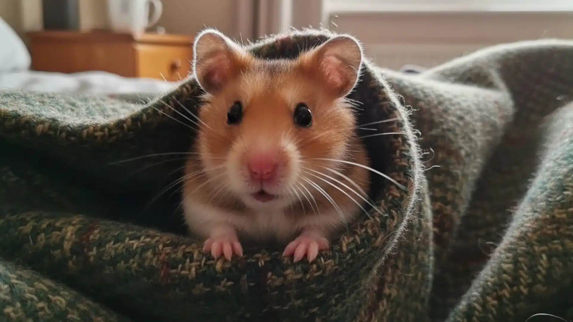 Small hamster peeking from a cozy blanket in a bedroom, example of low maintenance pets naturally cared for in a calm indoor setting
