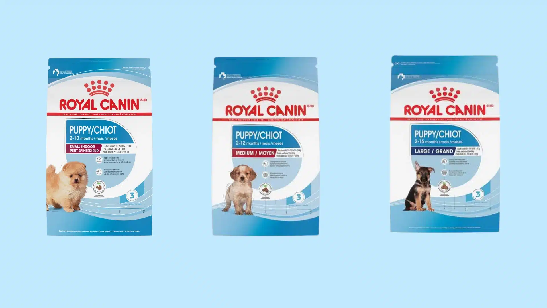 Three Royal Canin puppy food bags labeled for small, medium, and large breeds displayed against a light blue background