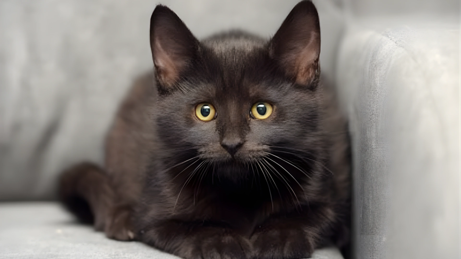 european shorthair black kitten with golden eyes resting on a light fabric couch indoors