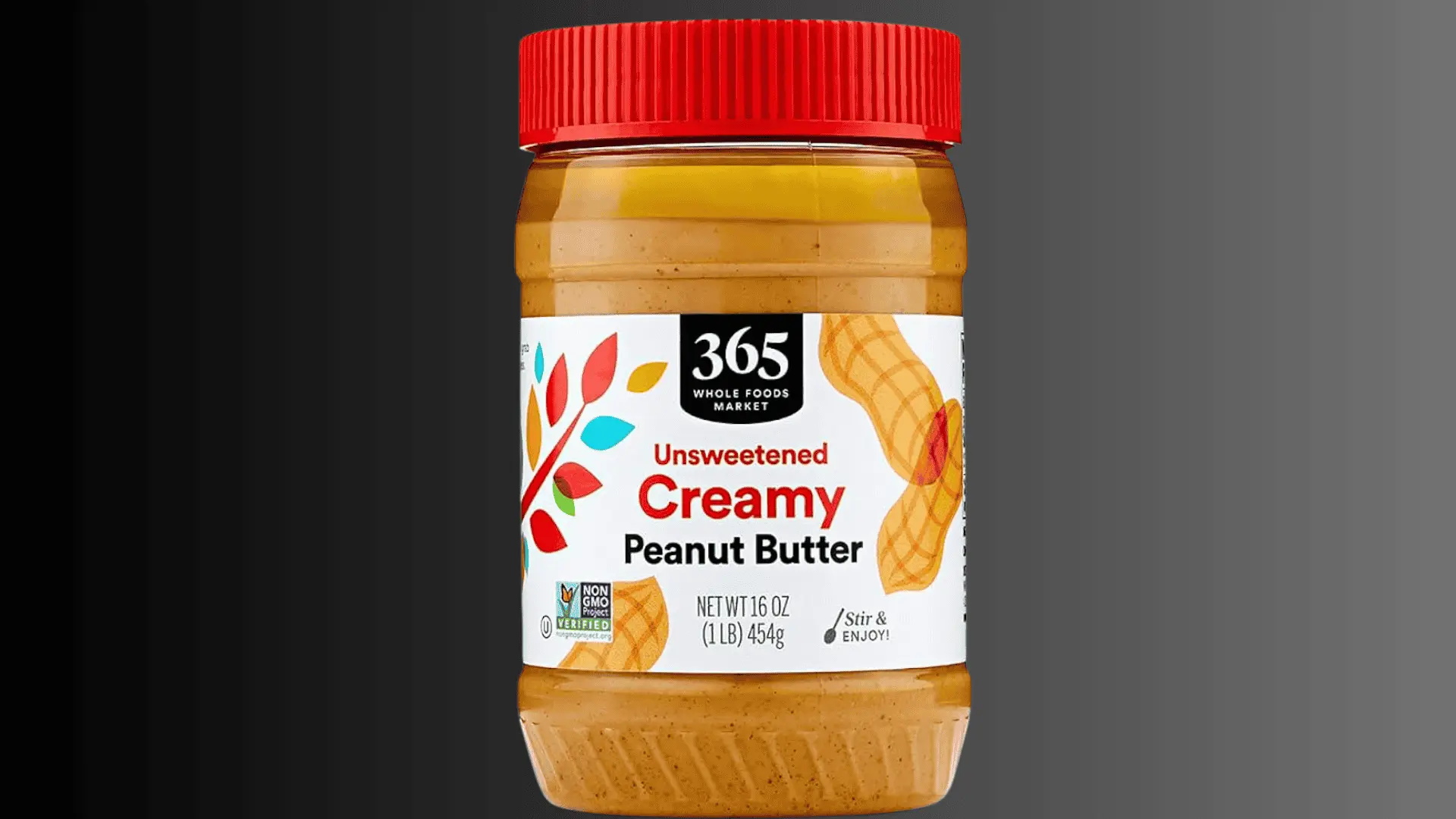 A 16-ounce jar of 365 Whole Foods Market Unsweetened Creamy Peanut Butter with a red lid