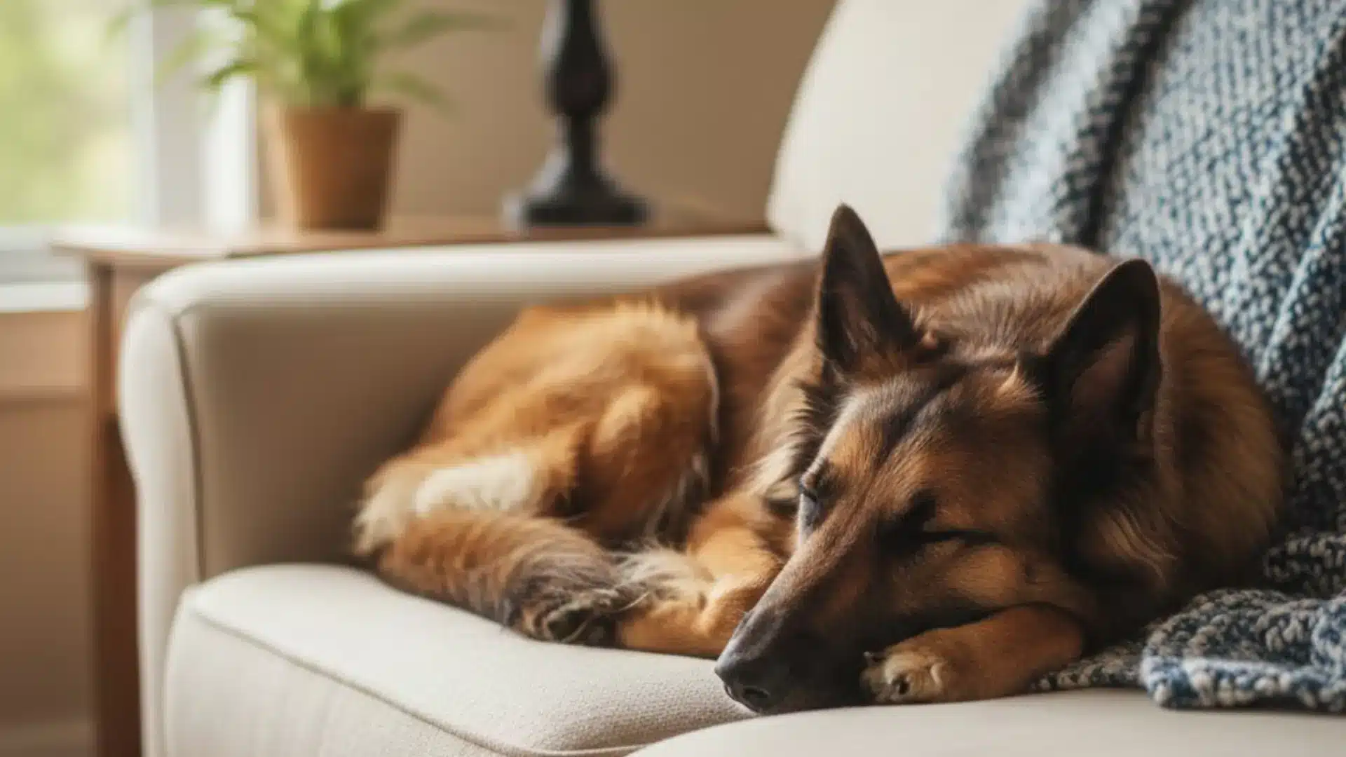 A Belgian Tervuren sleeping on a beige sofa next to a blue knit blanket in a cozy home
