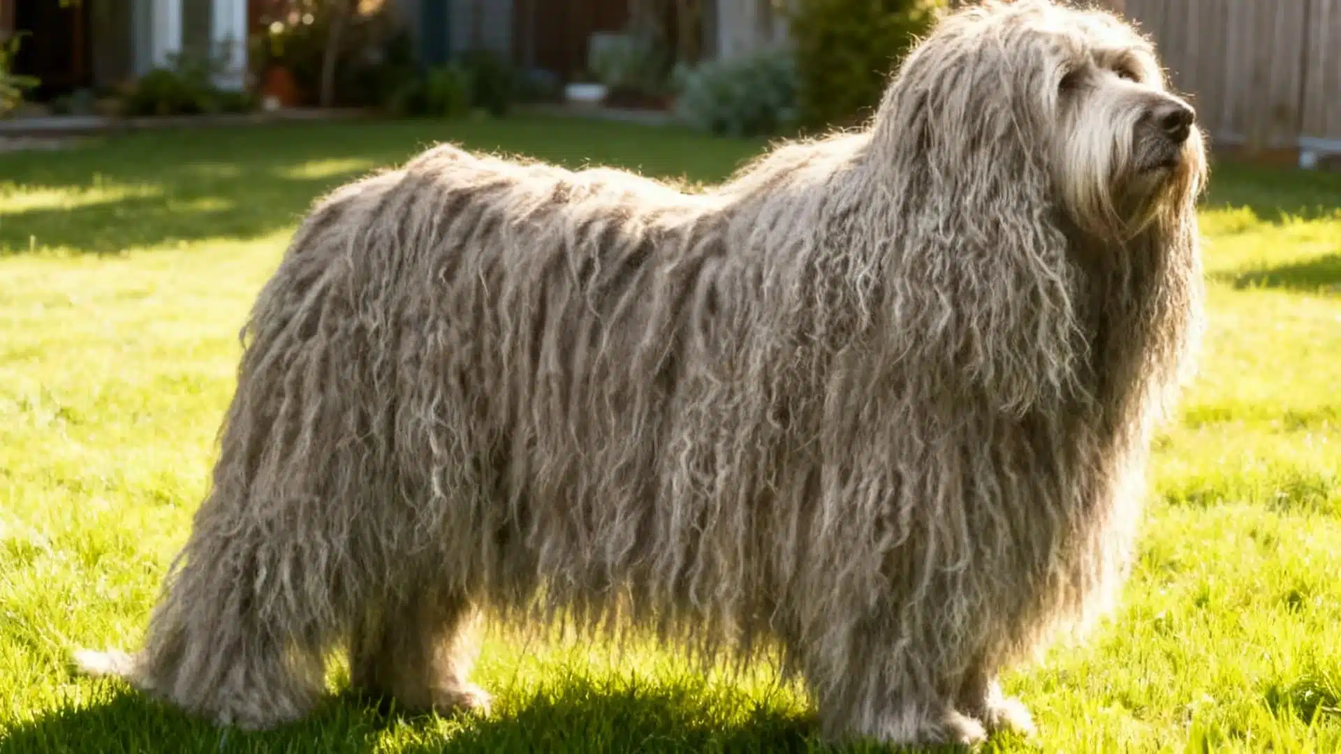 A Bergamasco Sheepdog breed Dog sitting in a grassy meadow backyard lawn