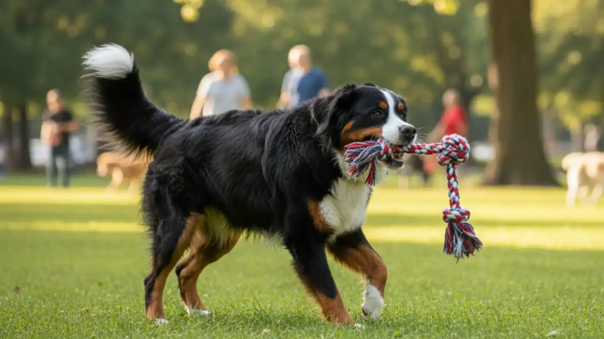 A Bernese Mountain Dog trotting through a park while carrying a red, white, and blue rope toy