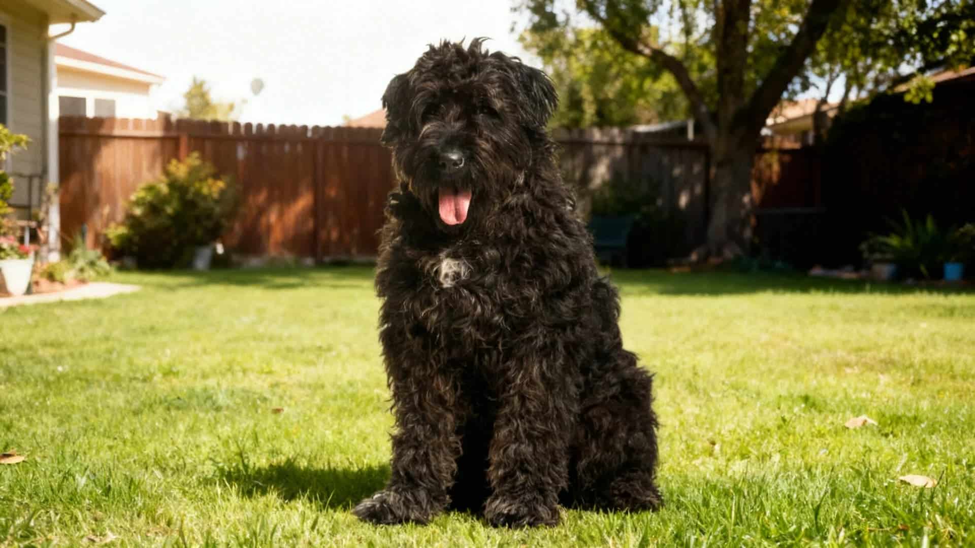 A Bouvier des Flandres breed Dog sitting in a grassy meadow backyard lawn