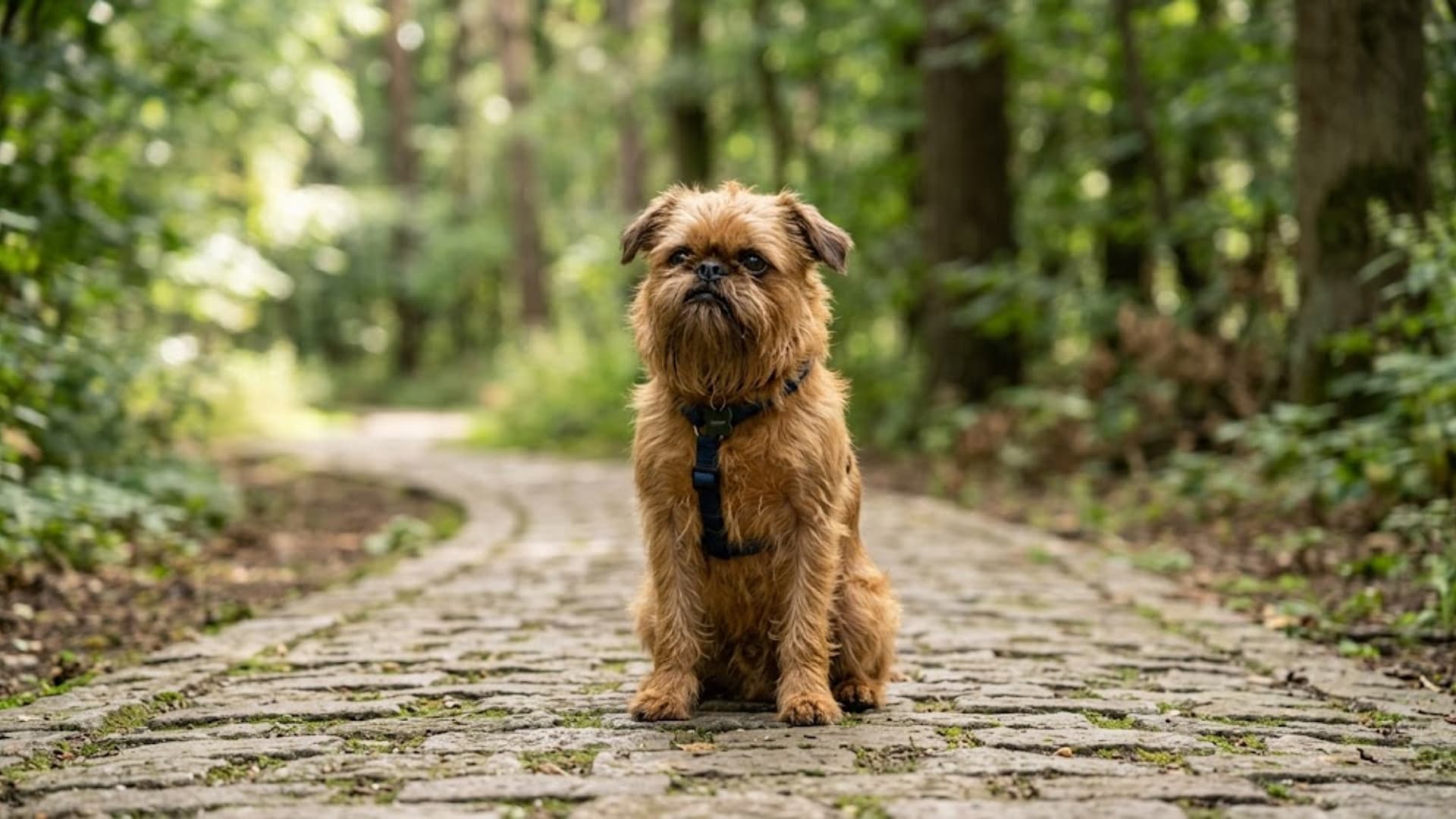 A Brussels Griffon dog sitting on a paved path outdoors, small compact body with rough wiry coat