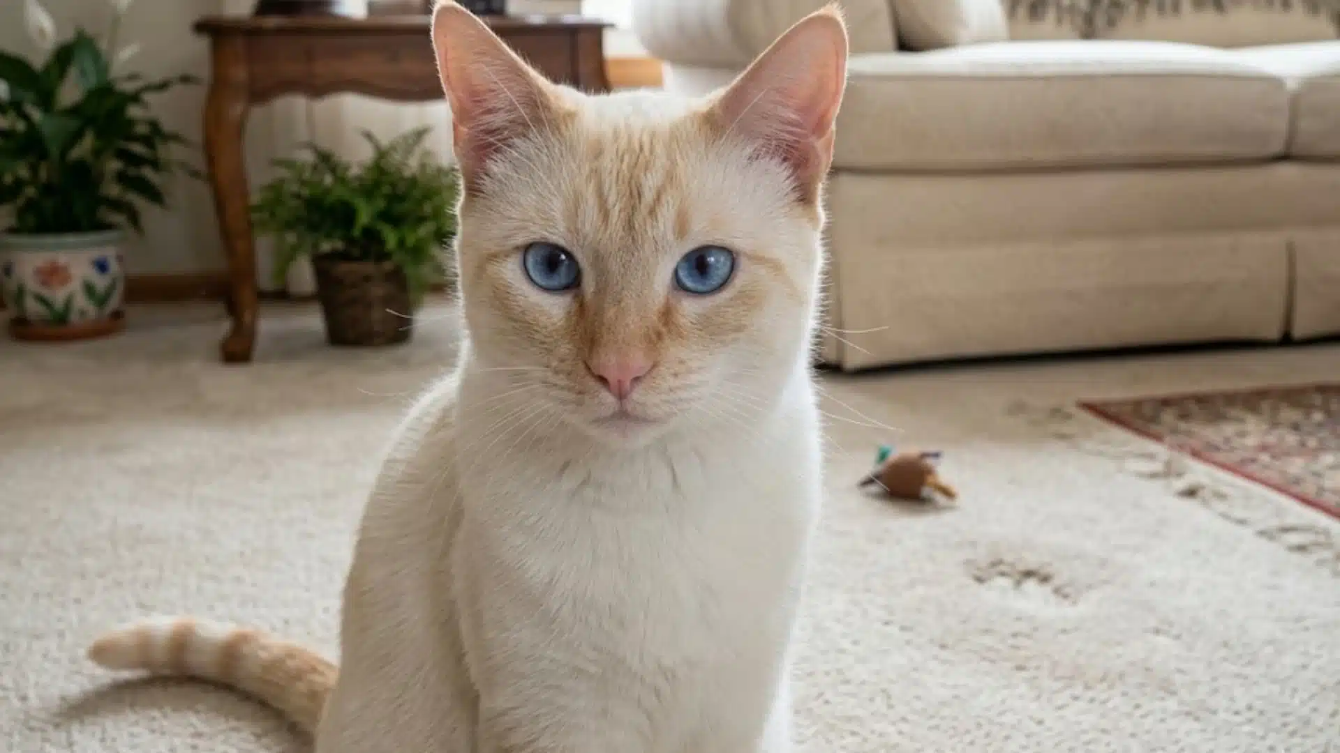 A Colorpoint Shorthair cat with blue eyes sits on a cream-colored rug in a living room (1)