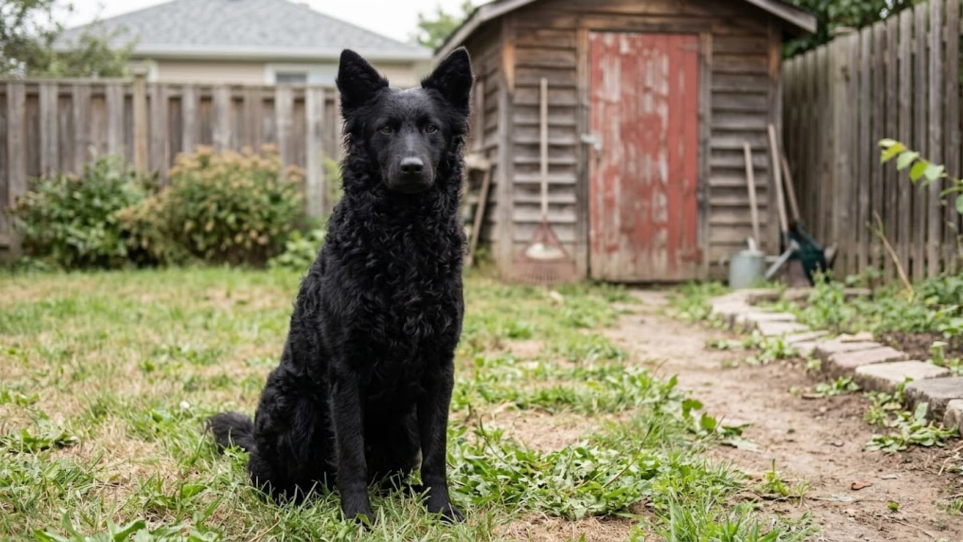 A Croatian Sheepdog breed Dog in a grassy meadow backyard lawn