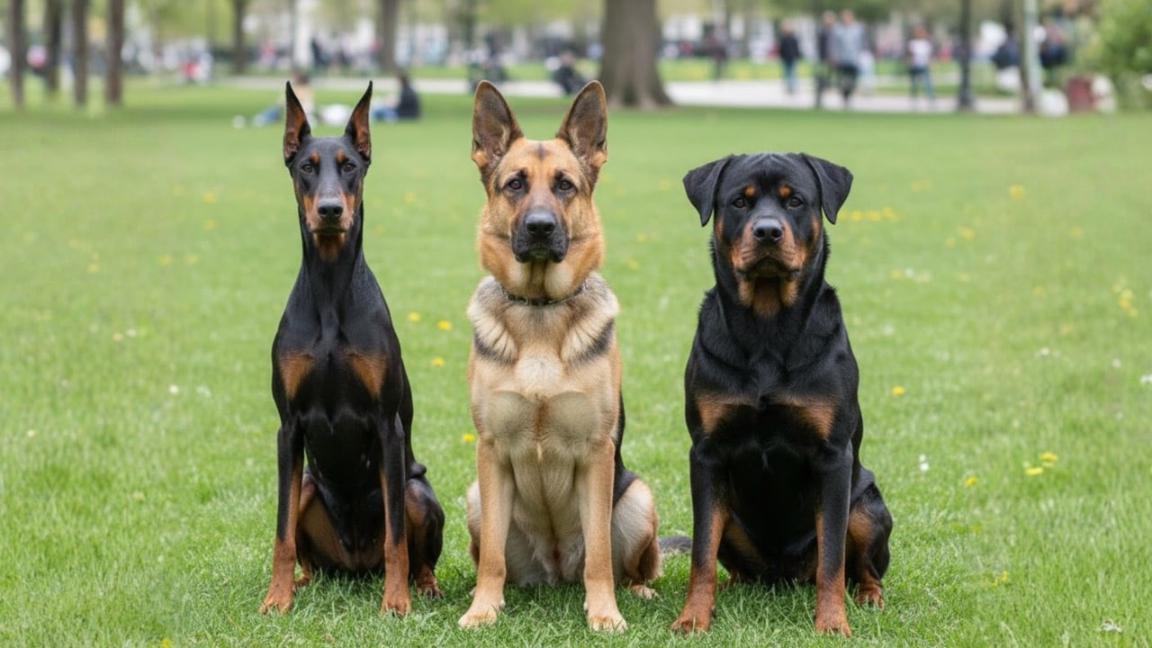 A Doberman, German Shepherd, and Rottweiler sitting side-by-side on green grass in a sunlit public park