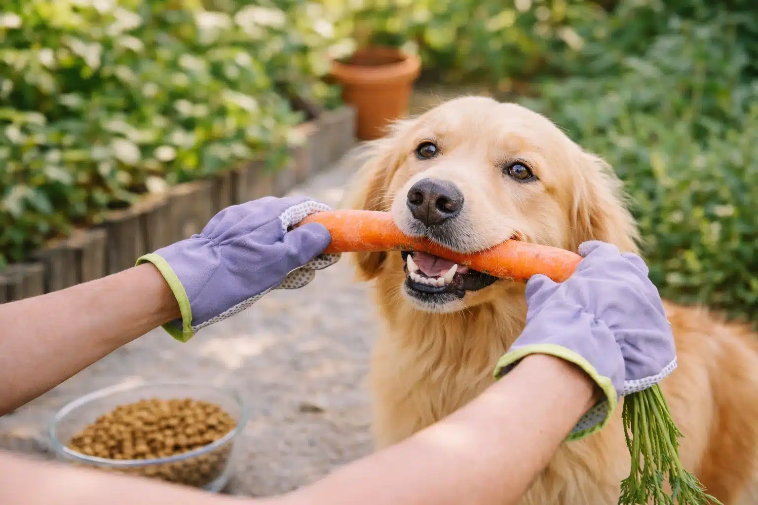 A Golden Retriever eating a carrot to increase fiber, helping to manage and prevent dog constipation symptoms