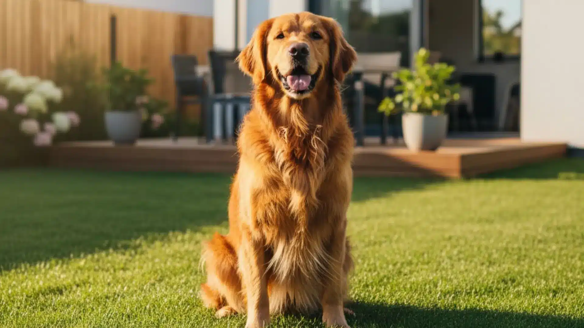 A Golden Retriever sitting on a lush green lawn in a sunny backyard behind a contemporary house