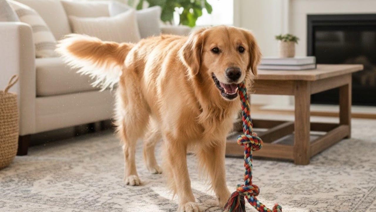 A Golden Retriever standing on a rug in a living room, holding a colorful rope toy