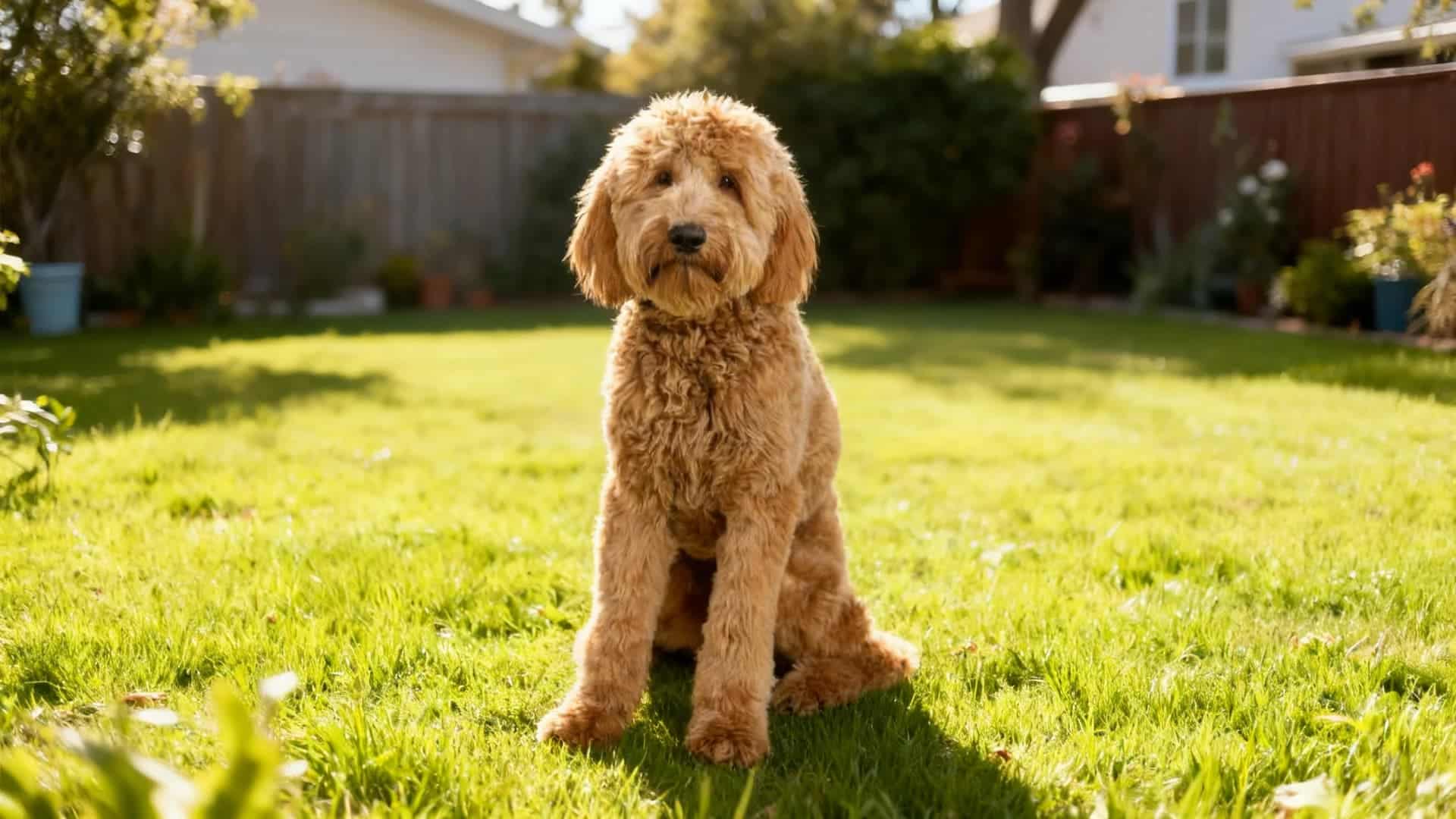 A Goldendoodle (Standard) breed Dog sitting in a grassy meadow backyard lawn
