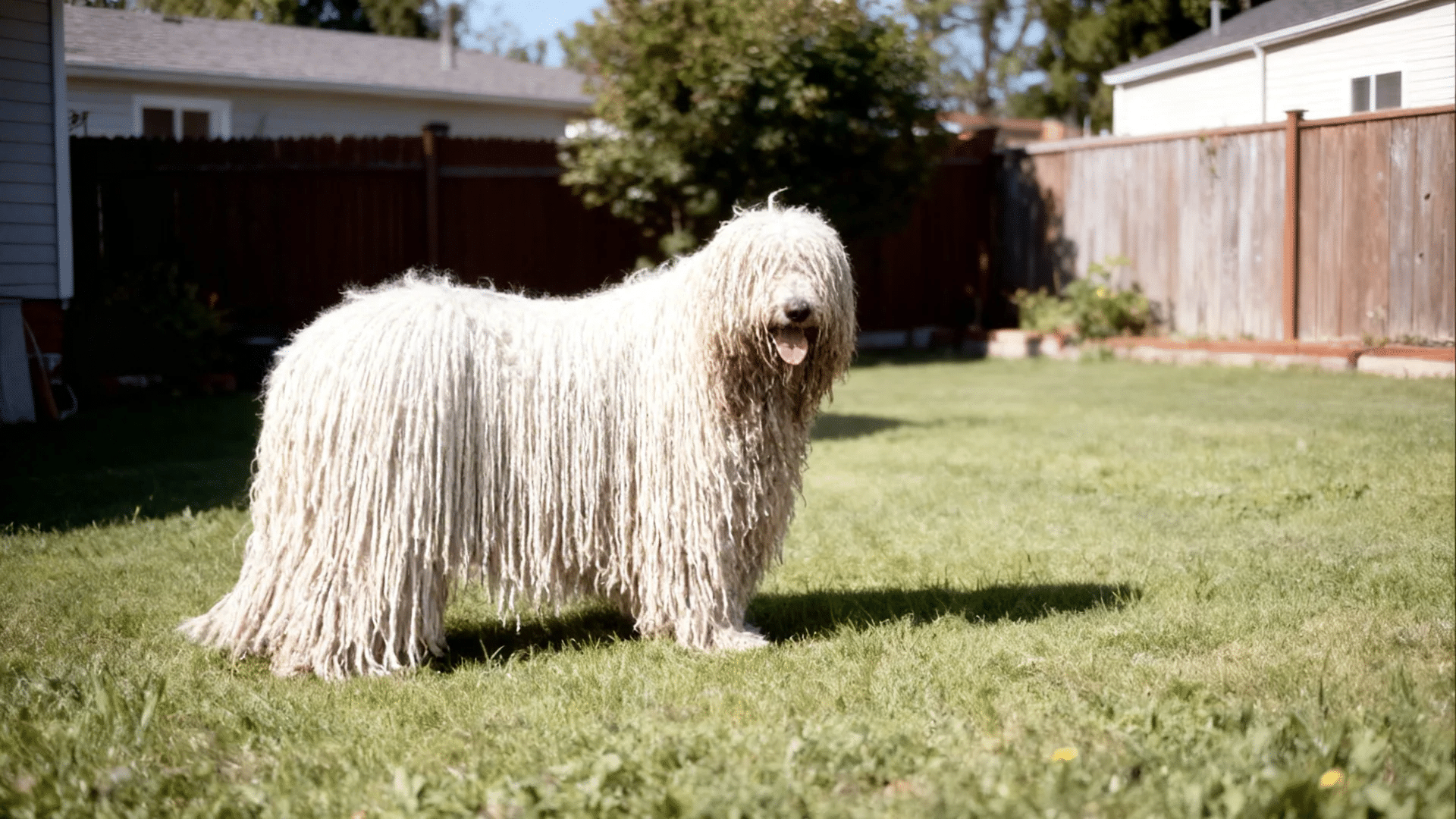 A Komondor breed Dog in a grassy meadow backyard lawn