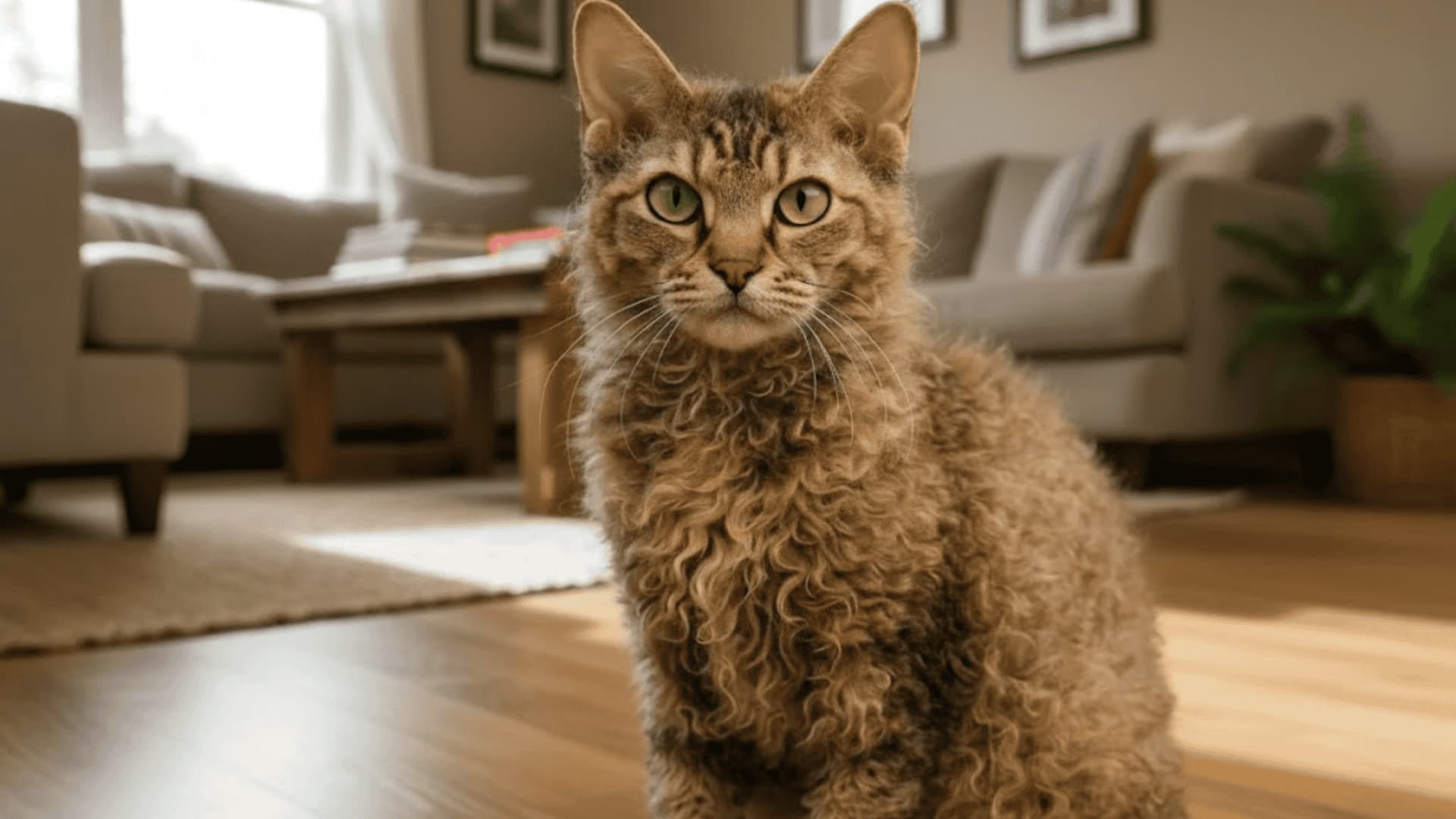 A LaPerm cat sits on a floor in a cozy, living room