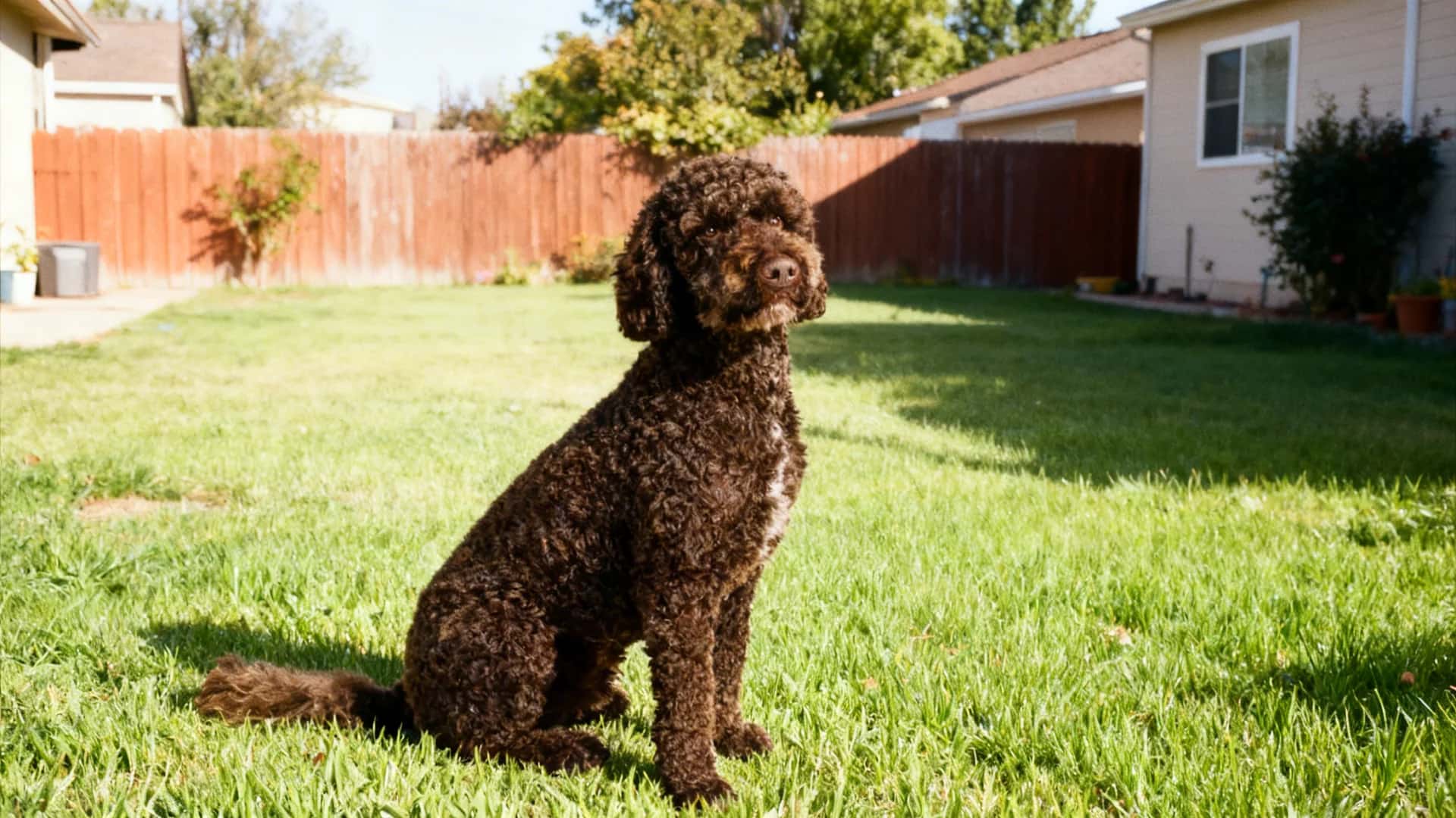 A Labradoodle (Standard) breed Dog sitting in a grassy meadow backyard lawn