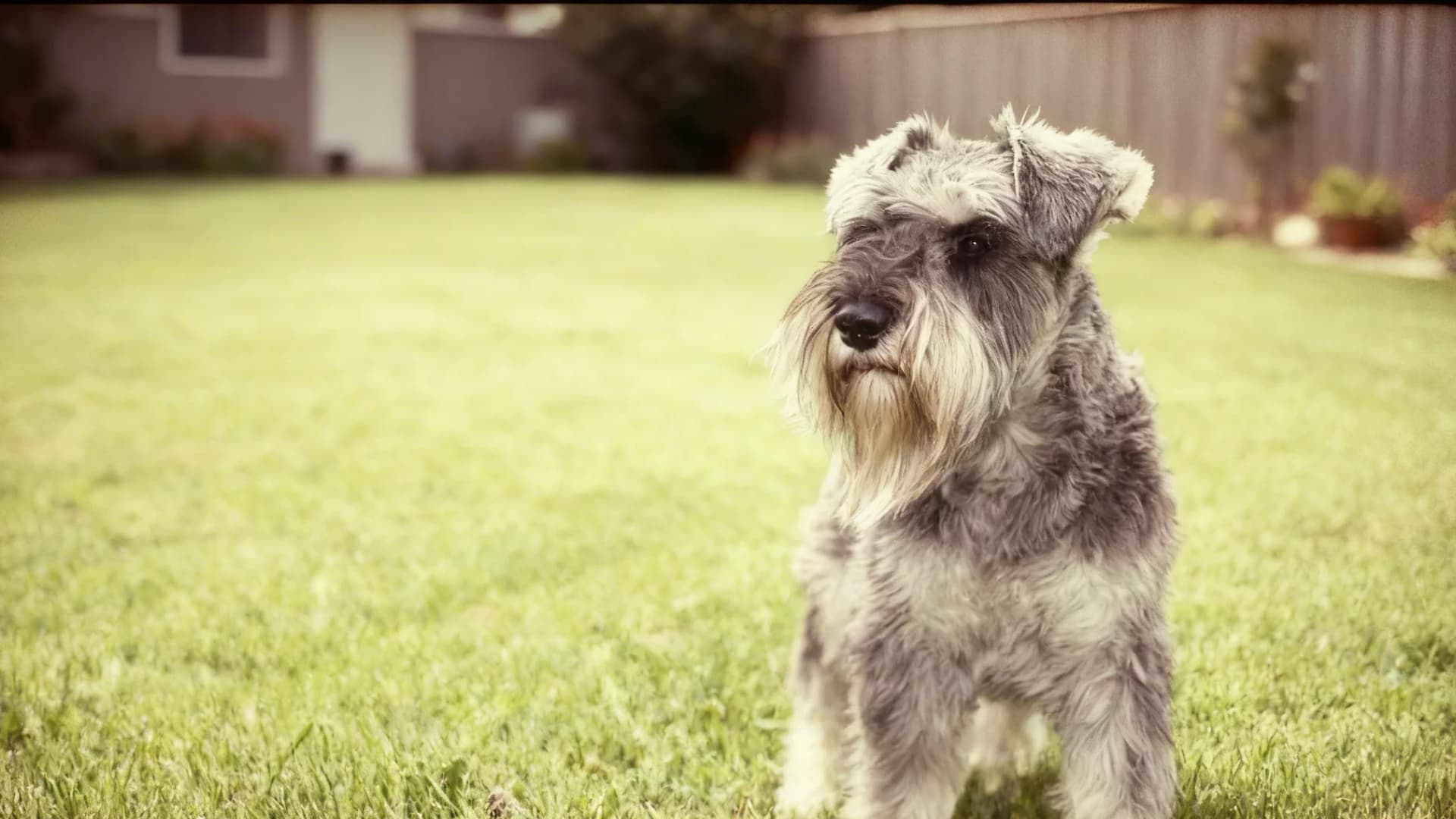 A Miniature Schnauzer breed Dog in a grassy meadow backyard lawn