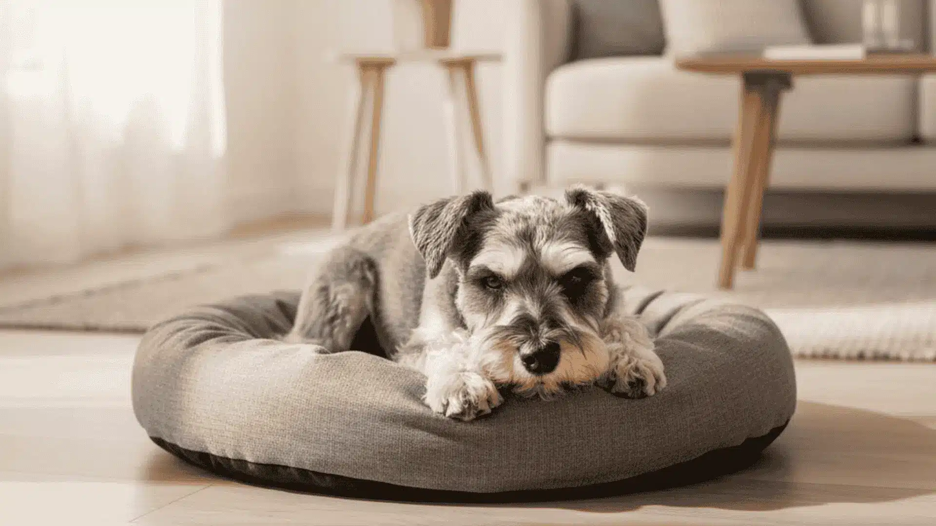 A Miniature Schnauzer lying down in a grey round dog bed on a light wood floor in a bright living room