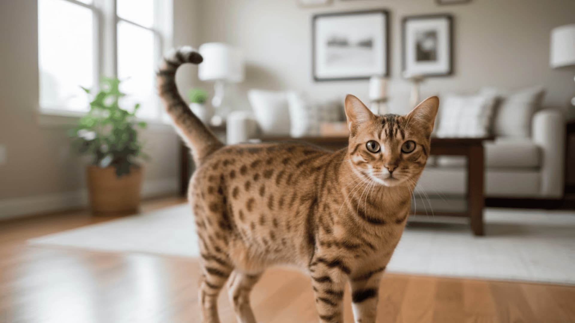 A Ocicat cat standing on a floor in a cozy, living room
