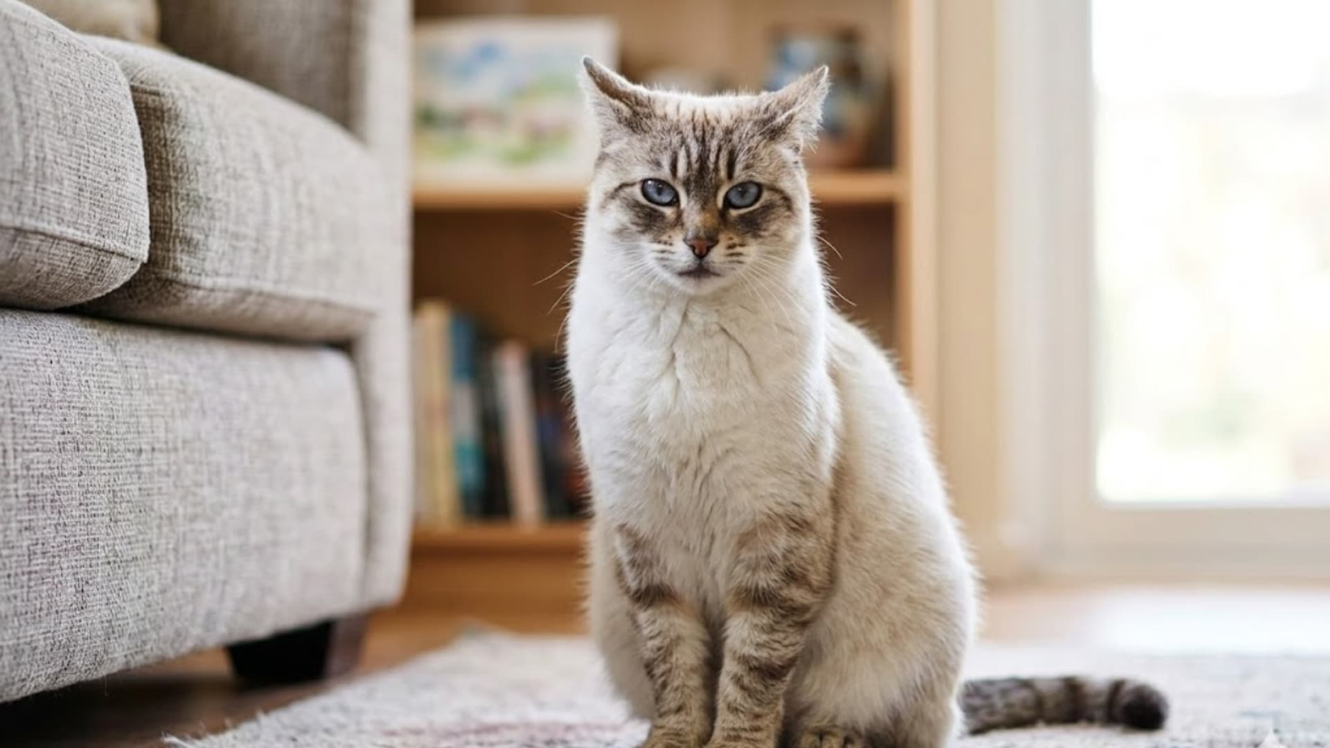 A Ojos Azules cat with blue eyes sits on a cream-colored rug in a living room