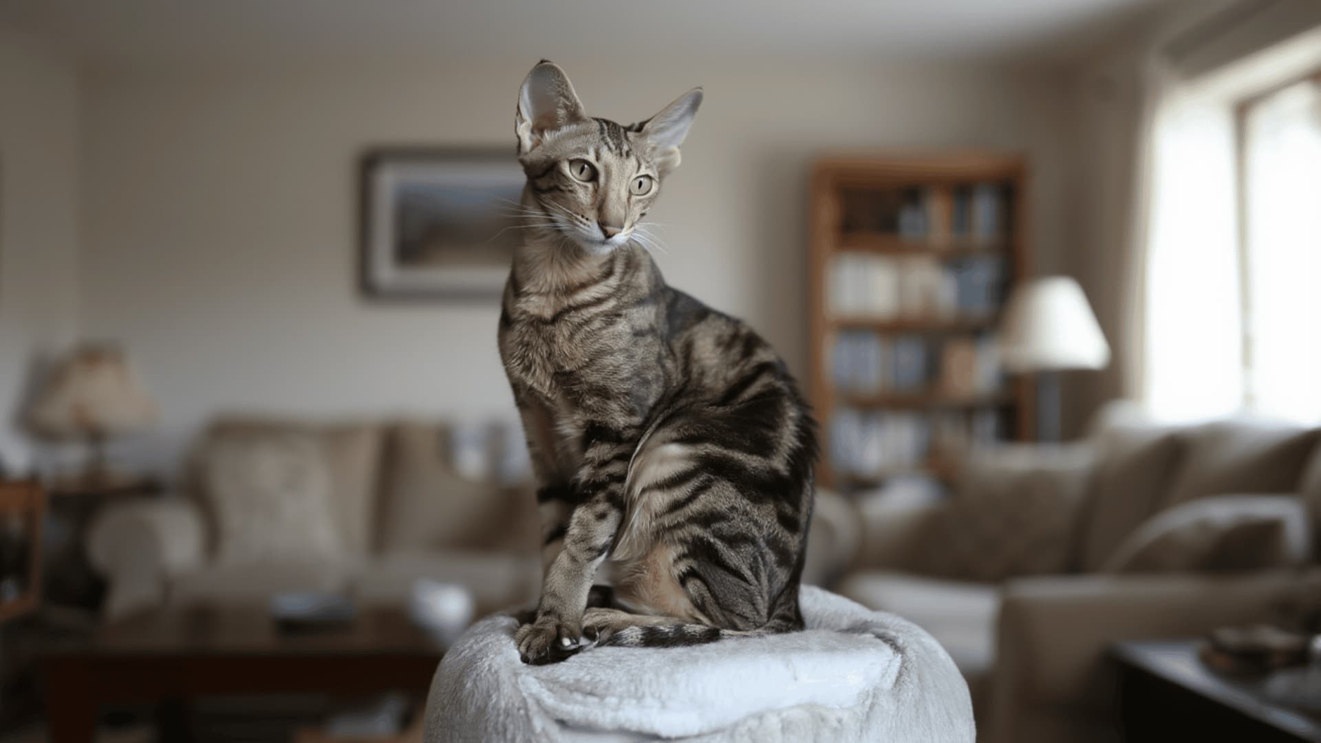 A Oriental Shorthair cat sits upright on a grey, carpeted cat tree in a cozy, living room