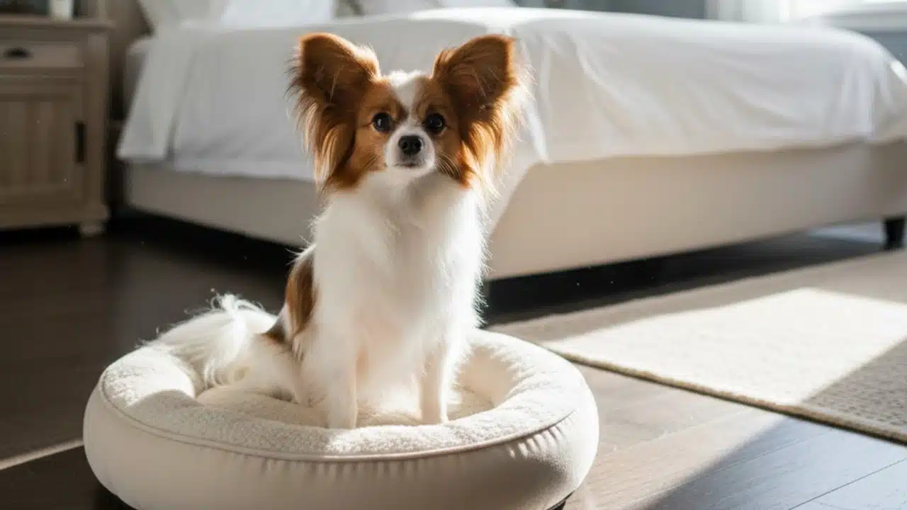 A Papillon sitting in a round dog bed in a bedroom; a hand adjusts a thermostat on the wall abov