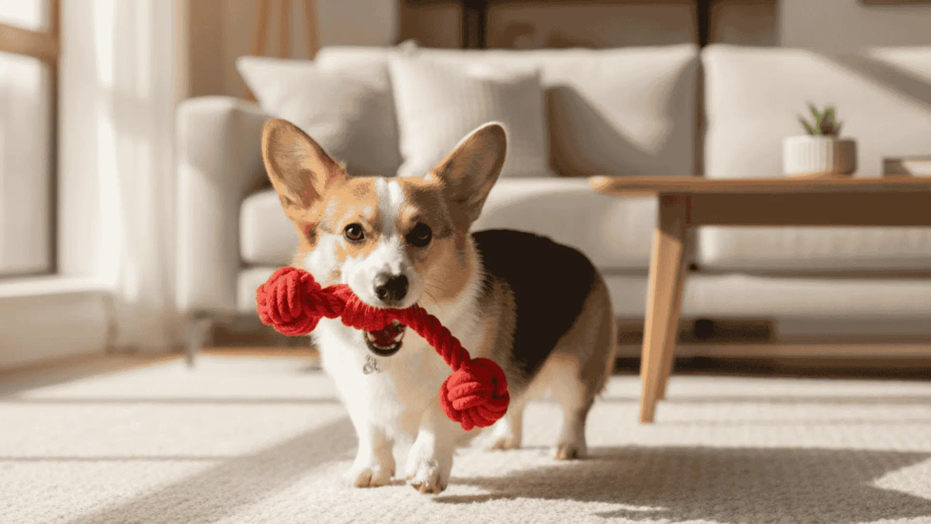 A Pembroke Welsh Corgi standing on a rug in a living room holding a red rope toy in its mouth