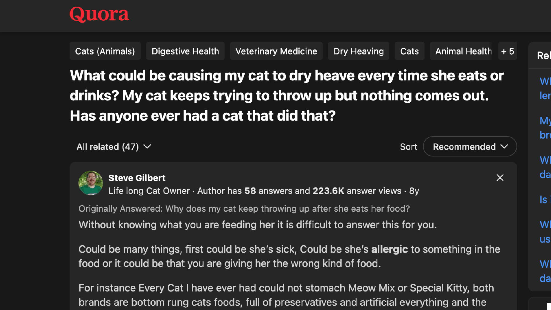 A Quora post asks about reasons a cat may dry heave after eating. A highlighted answer suggests possible causes include illness, allergies, or inappropriate food.