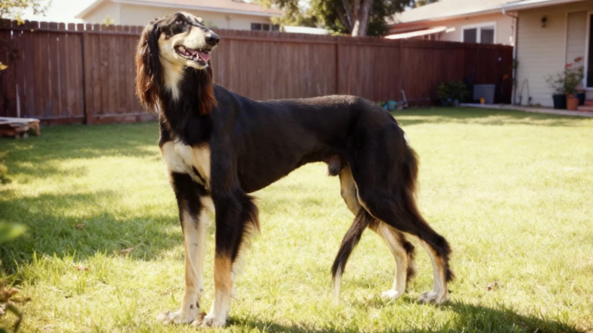 A Saluki breed Dog sitting in a grassy meadow backyard lawn