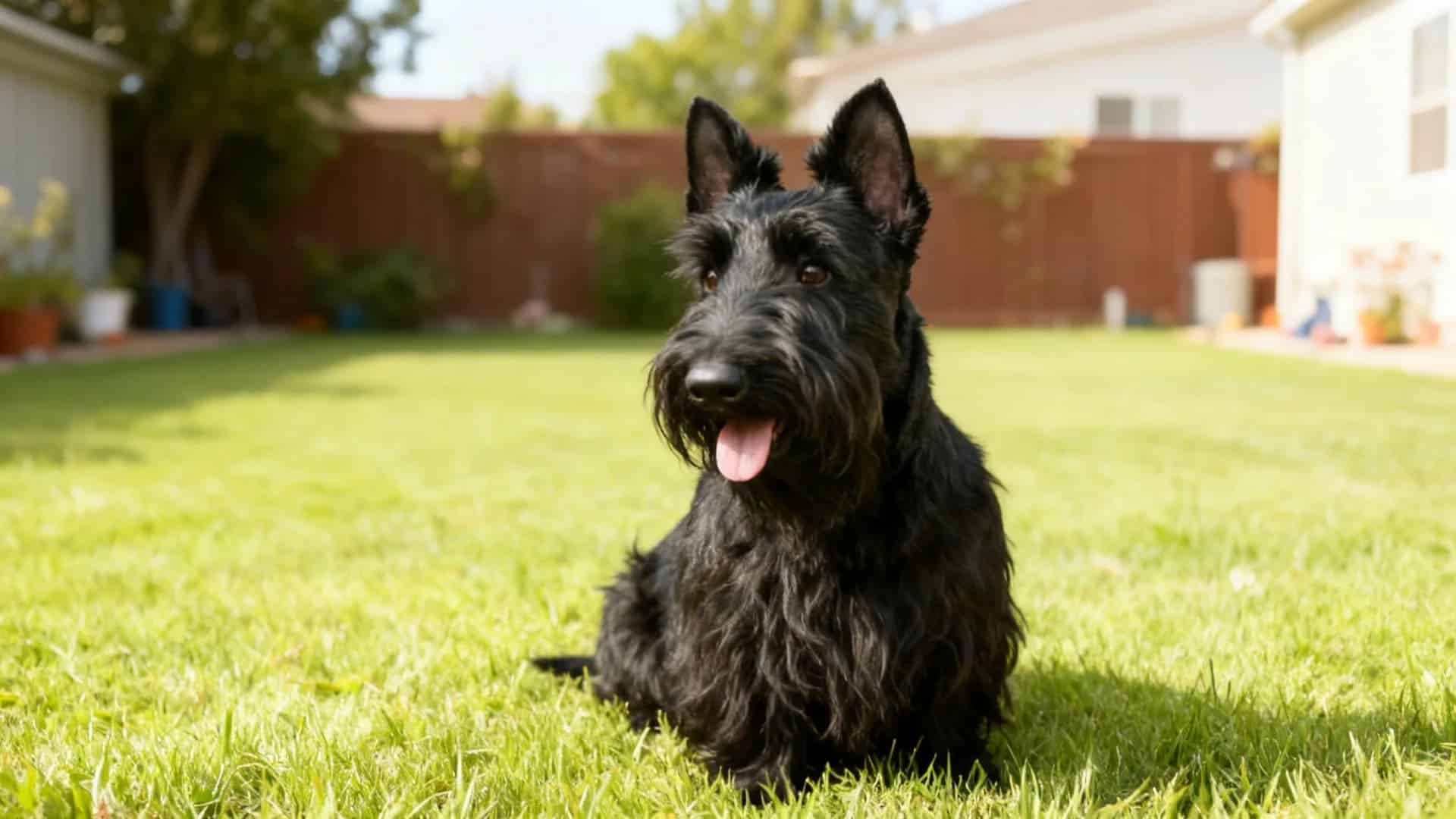 A Scottish Terrier breed Dog in a grassy meadow backyard lawn