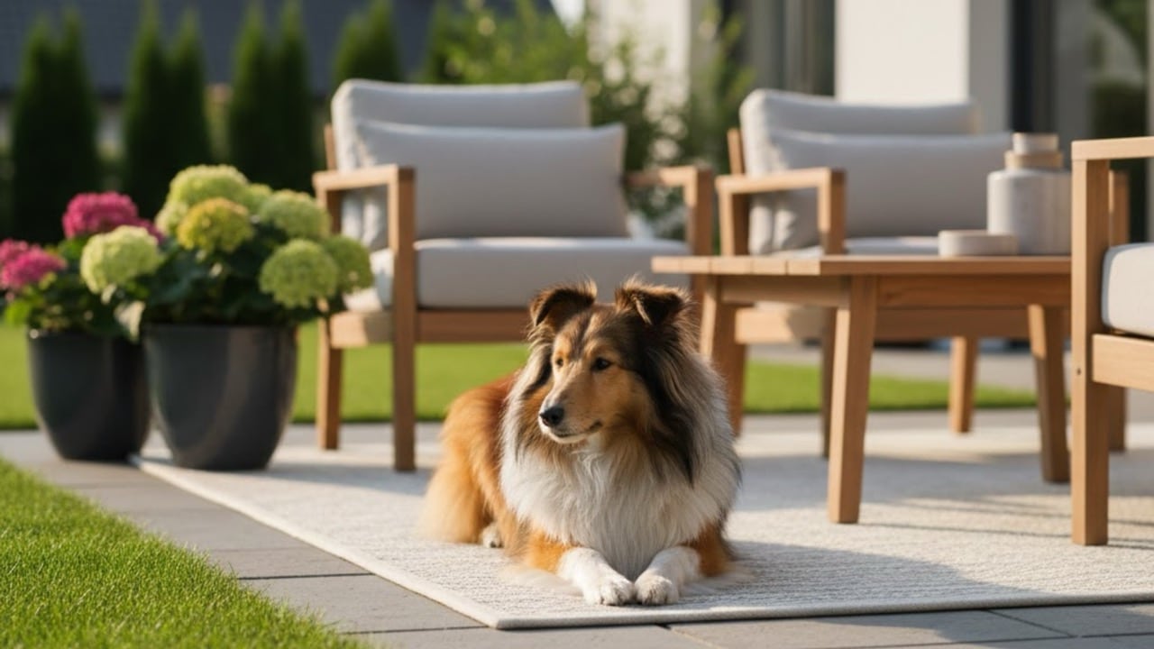 A Sheltie lying comfortably on an outdoor rug on a modern patio with garden greenery