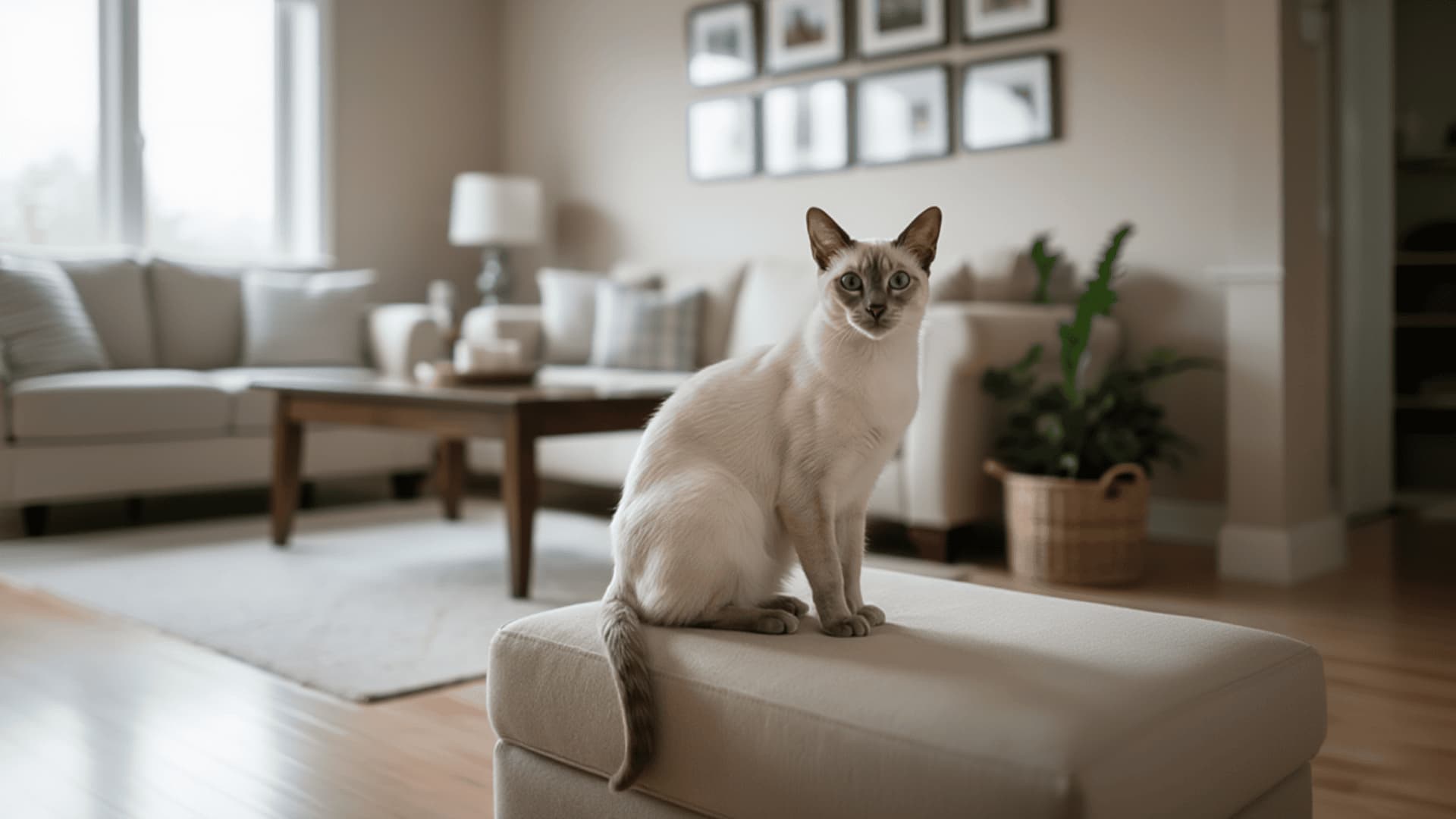 A Siamese cat standing on a floor in a cozy, living room