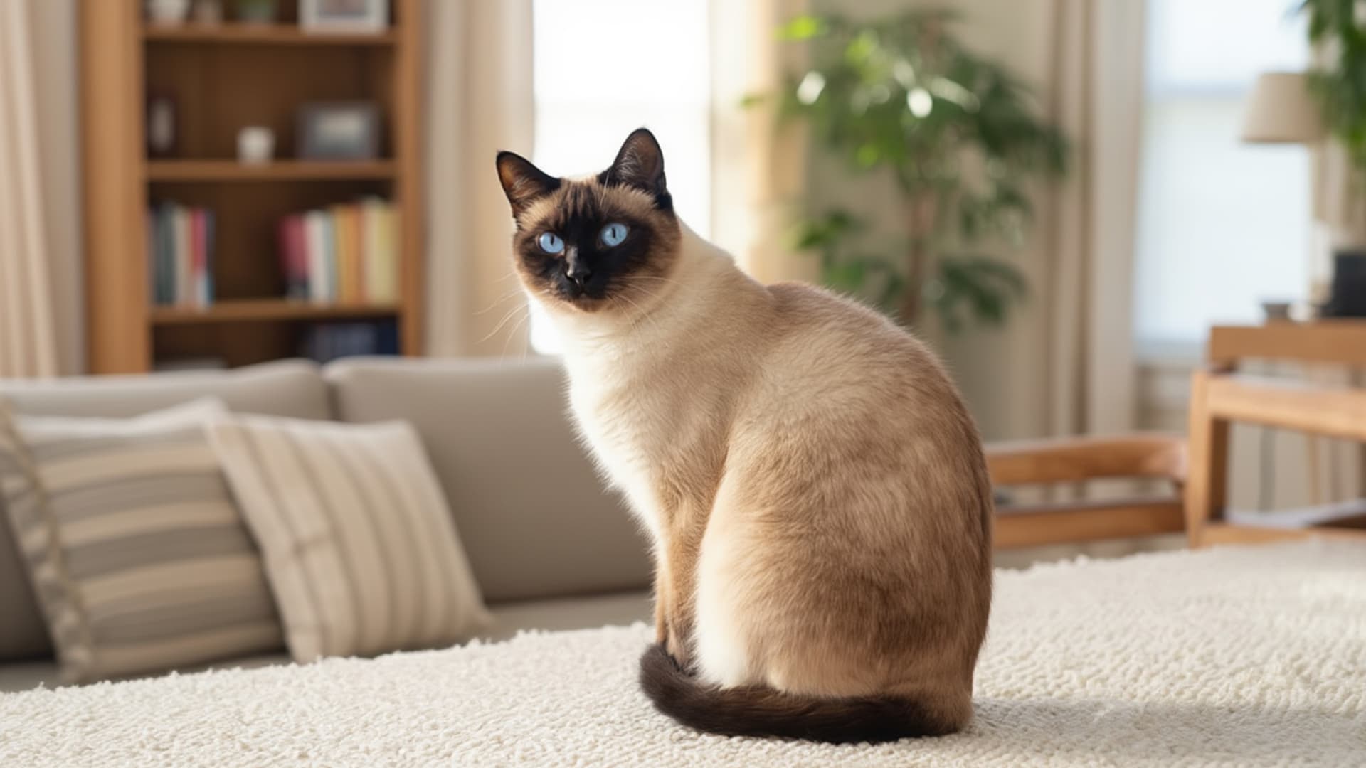 A Siamese cat with blue eyes sits on a cream-colored rug in a living room