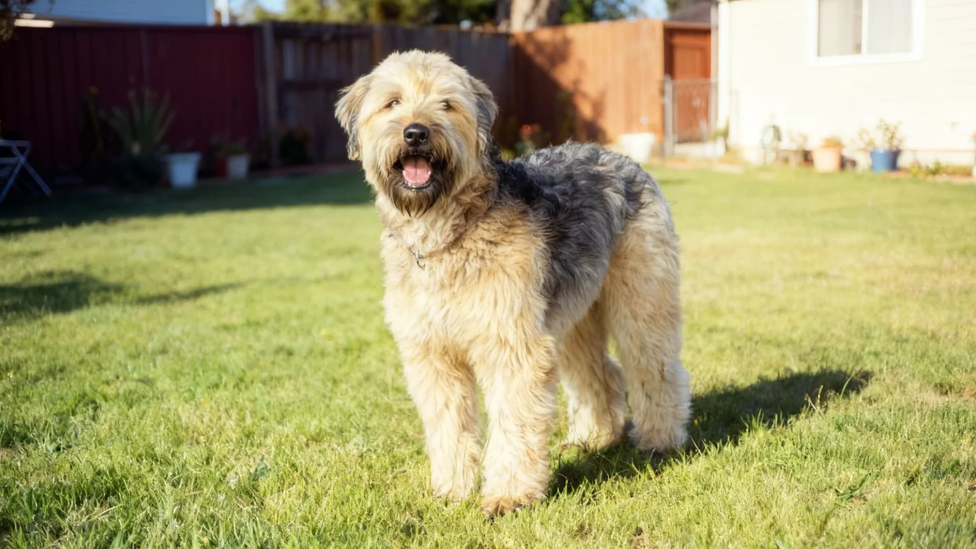A Soft Coated Wheaten Terrier standing in a grassy meadow backyard lawn