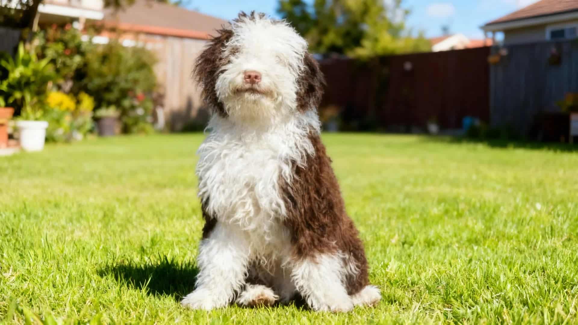 A Spanish Water Dog standing in a grassy meadow backyard lawn