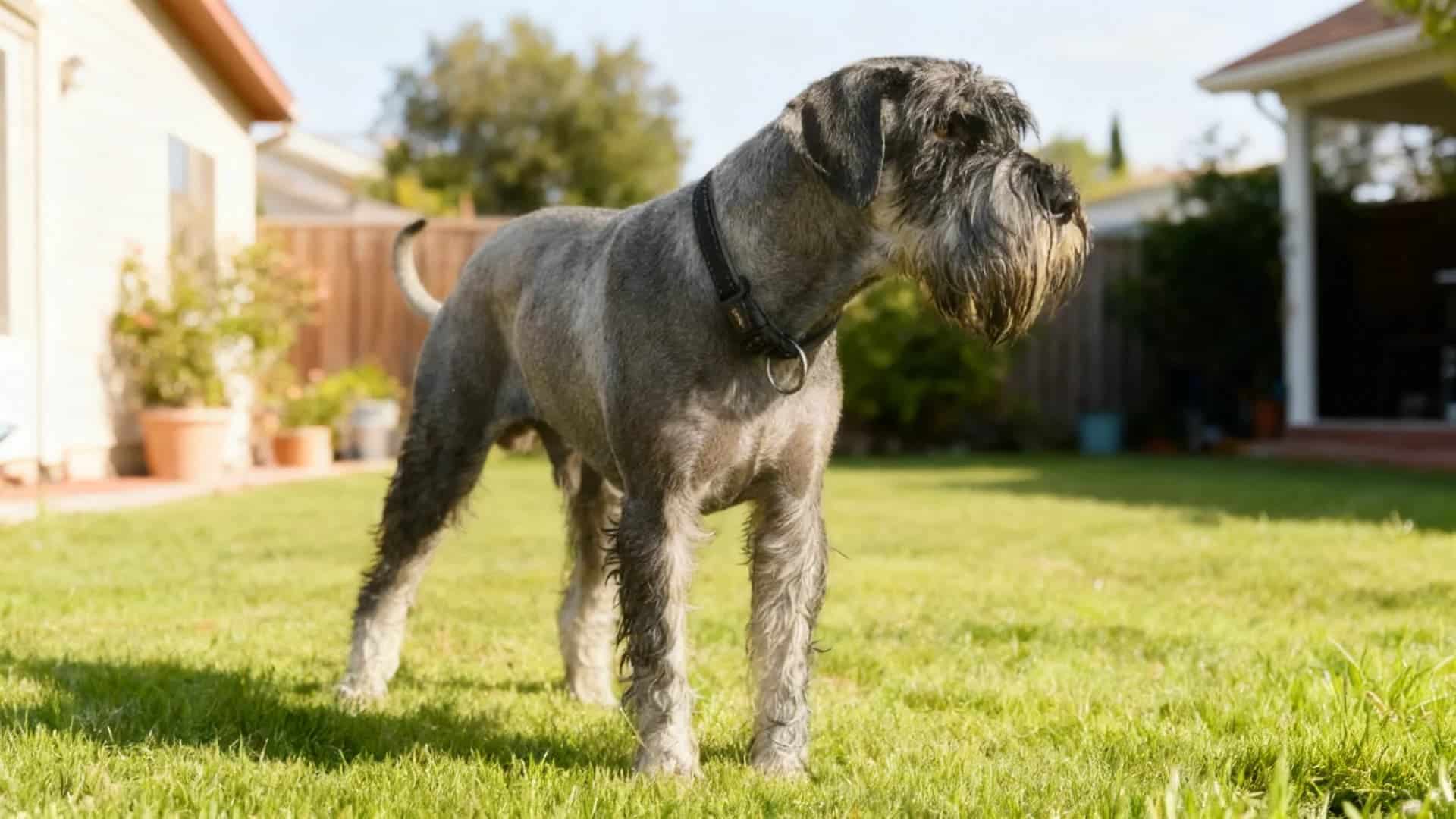 A Standard Schnauzer standing in a grassy meadow backyard lawn