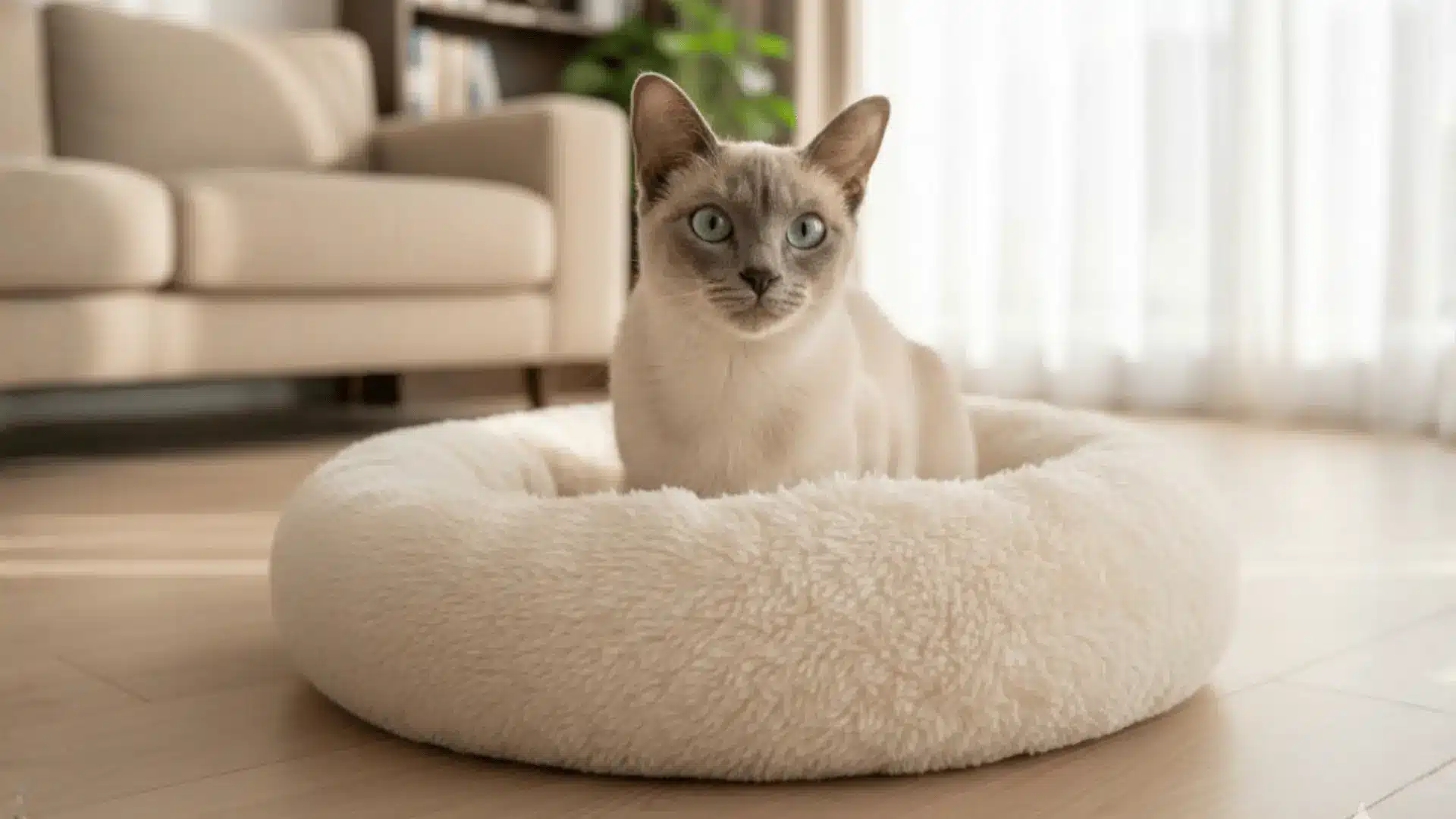 A Tonkinese cat resting in a white, fluffy doughnut-style cat bed on a light wood floor in a bright room