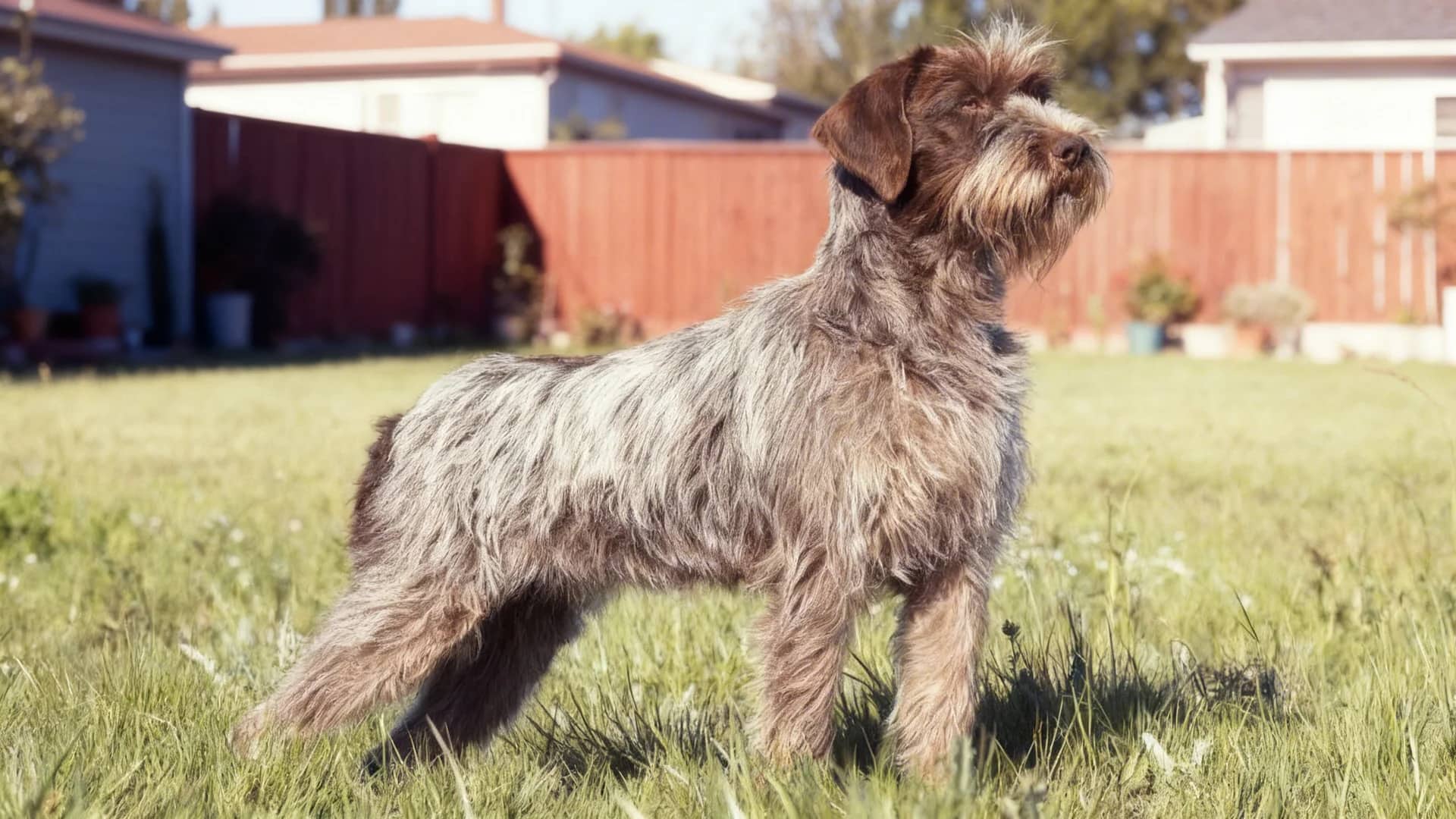 A Wirehaired Pointing Griffon Dog breed standing in a grassy meadow backyard lawn