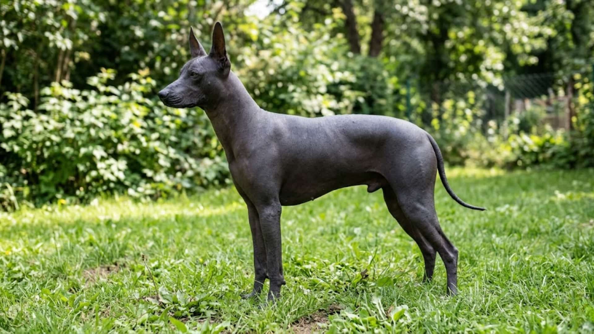 A Xoloitzcuintli breed Dog in a grassy meadow backyard lawn