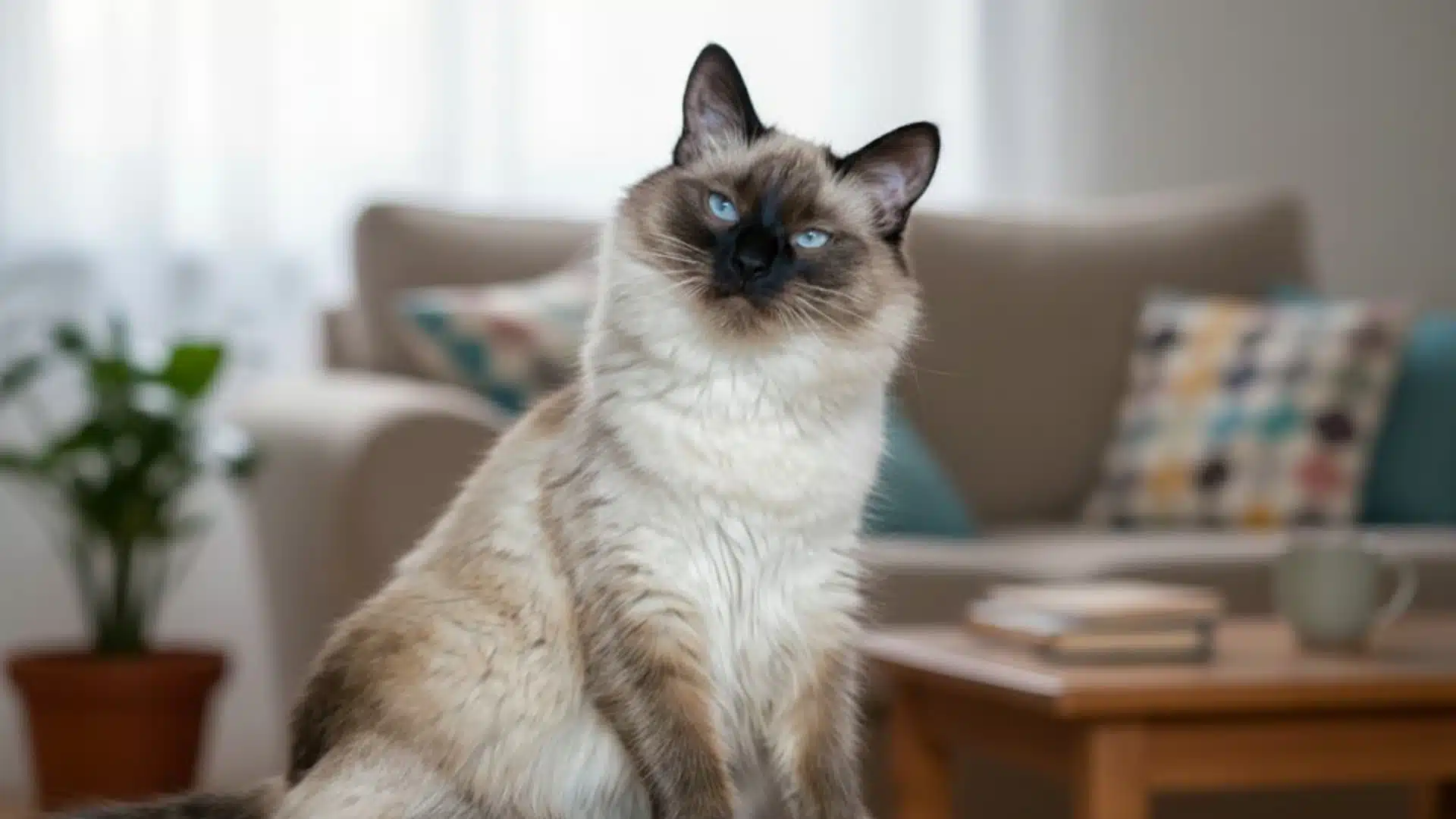 A balinese cat with blue eyes sits on a cream-colored rug in a living room