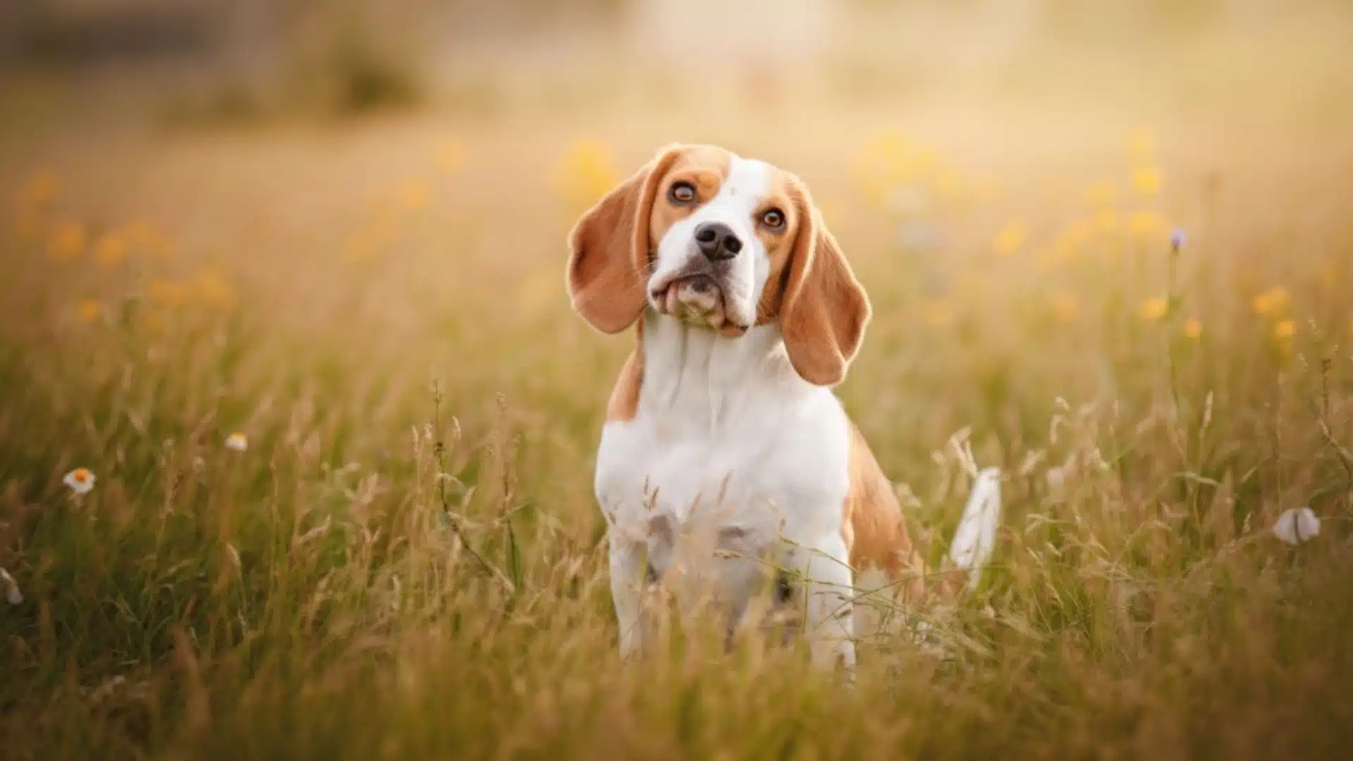 A beagle dog sitting in a field of tall grass and yellow wildflowers with a soft sunset background