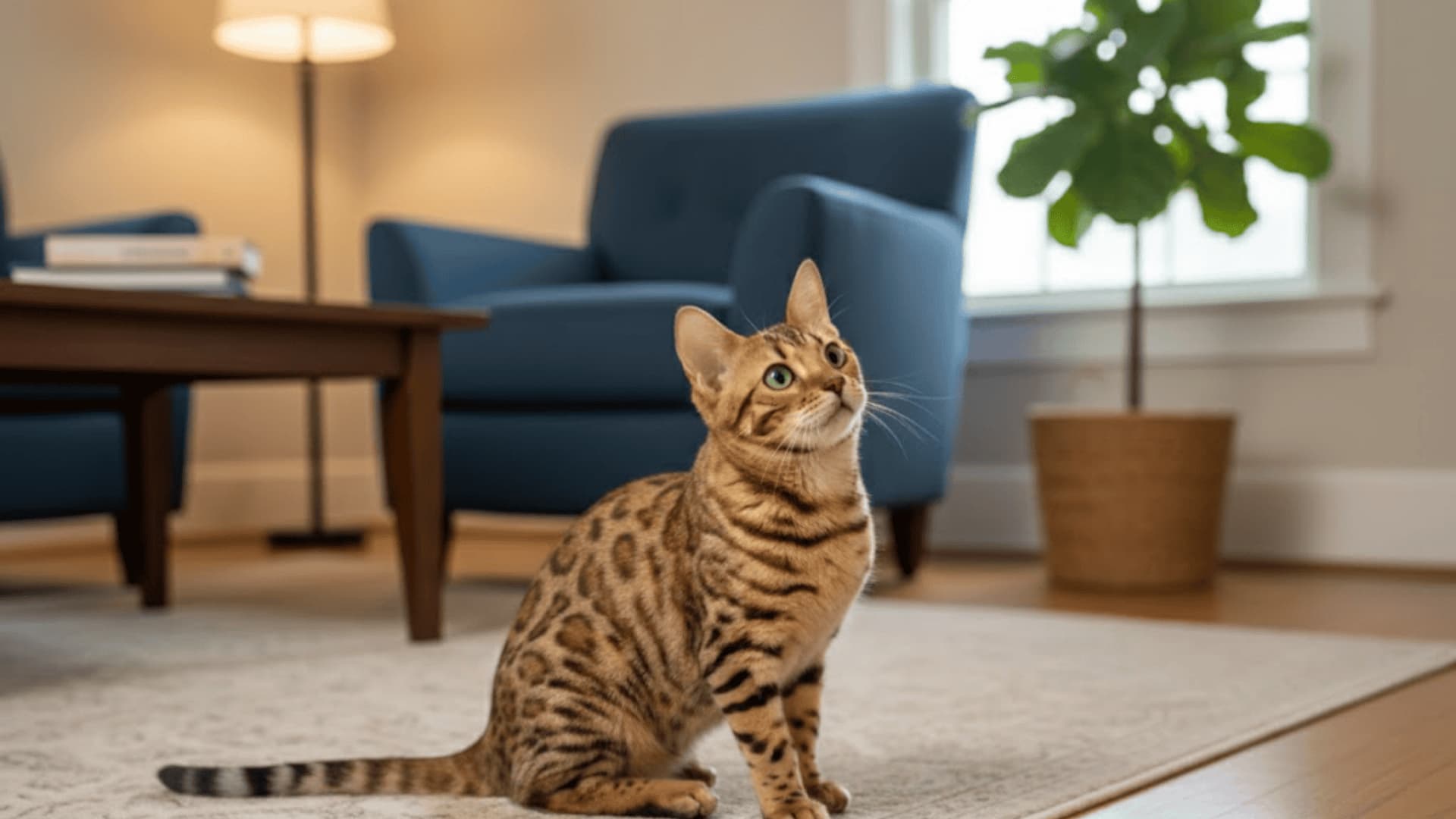 A bengal cat sits on a couch in a cozy, living room.