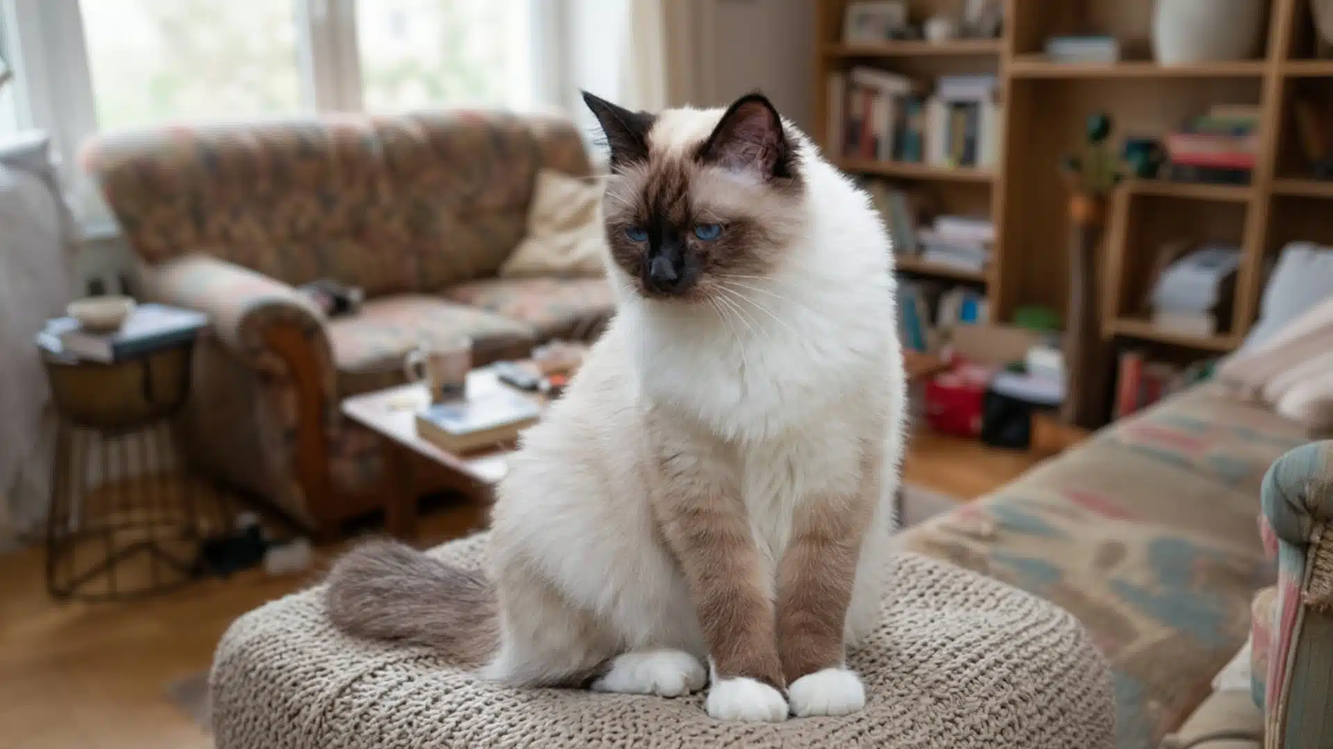 A birman cat with blue eyes sits on a cream-colored rug in a living room