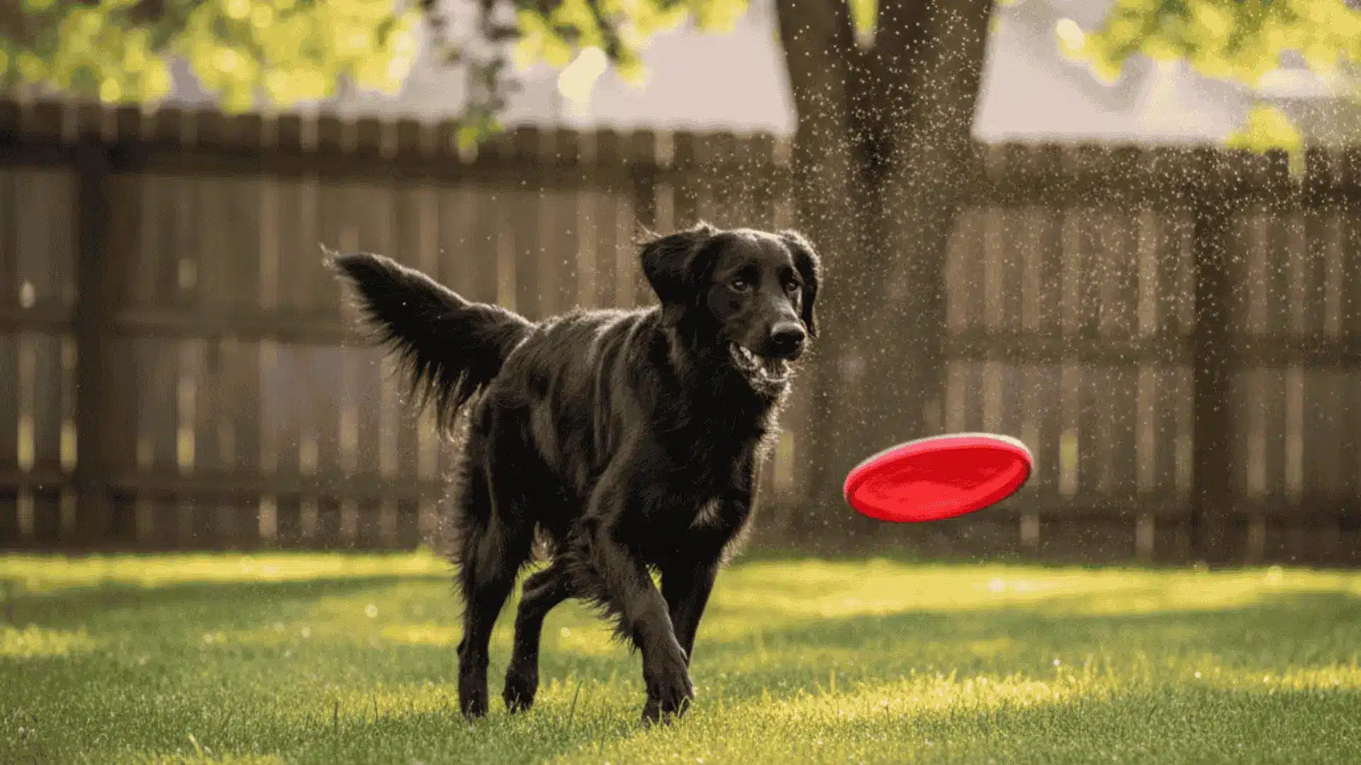 A black Flat-Coated Retriever running after a red frisbee in a sunny backyard