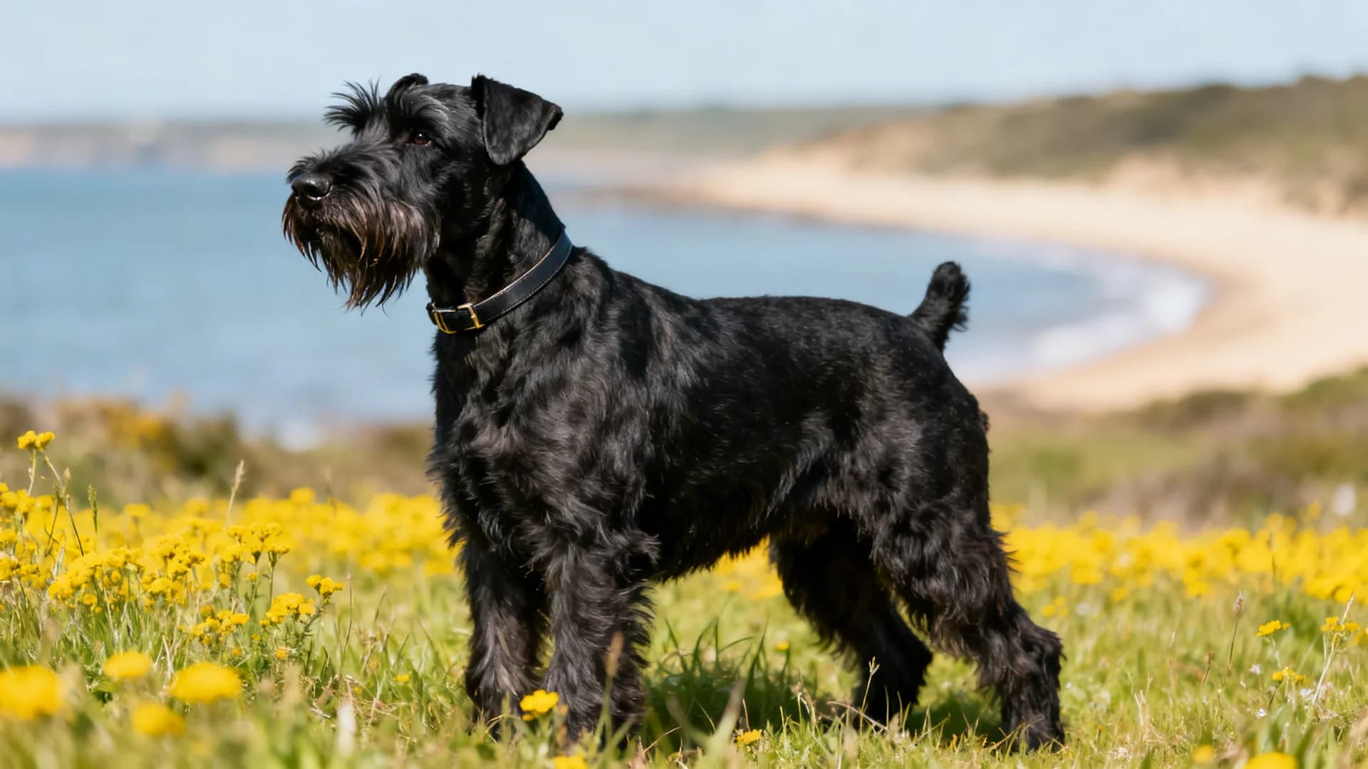 A black Giant Schnauzer standing in a grassy field with yellow wildflowers