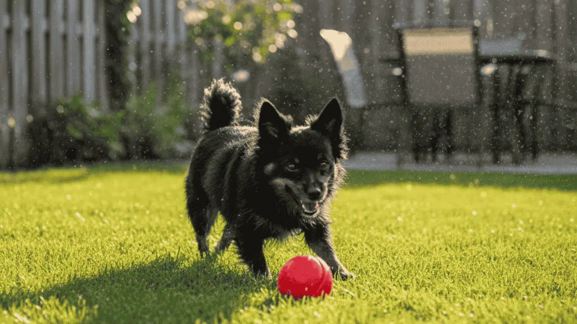 A black Schipperke dog playing with a red ball on a green lawn in a fenced backyard