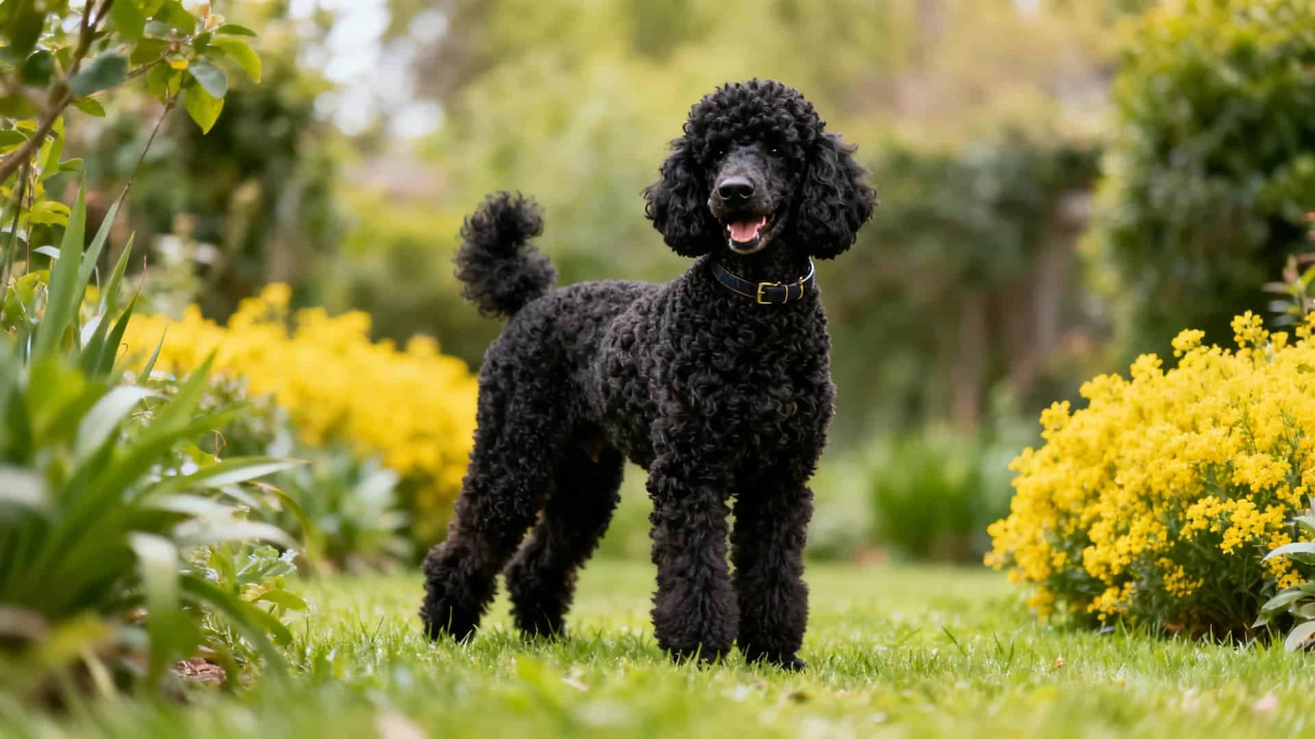 A black Standard Poodle standing on green grass in a garden