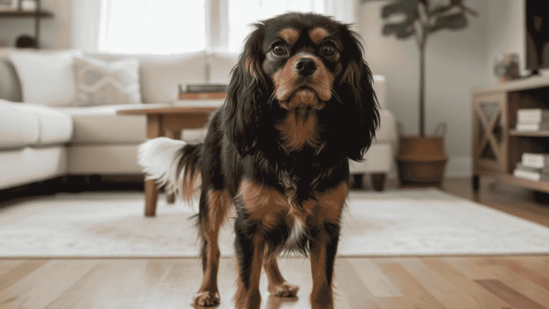 A black and tan Cavalier King Charles Spaniel standing on a hardwood floor in a bright living room