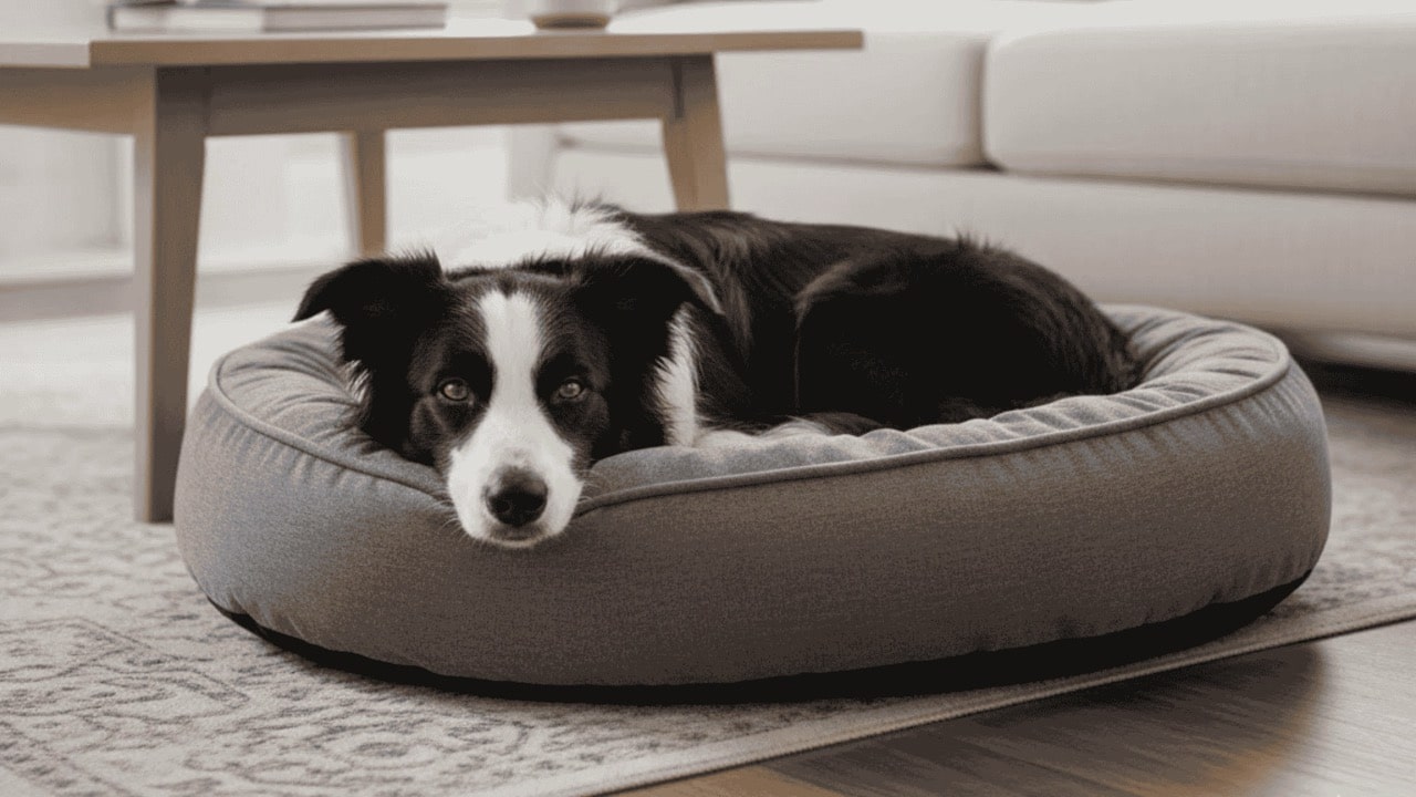 A black and white Border Collie resting its head on a gray circular dog bed in a bright living room